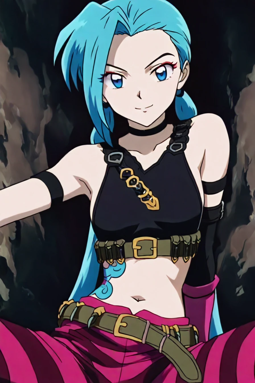 <lora:JinxPDXL:0.6>, jinx, blue hair, pale skin, choker, smile, blue eyes, long blue twin pigtails, tattoo,crop top, sleeve, armbands, purple striped pants, gloves, belt, 1girl, solo, alone, <lora:inuyasha_style_illustriousXL:1>, inuyasha_style,  masterpiece, highres