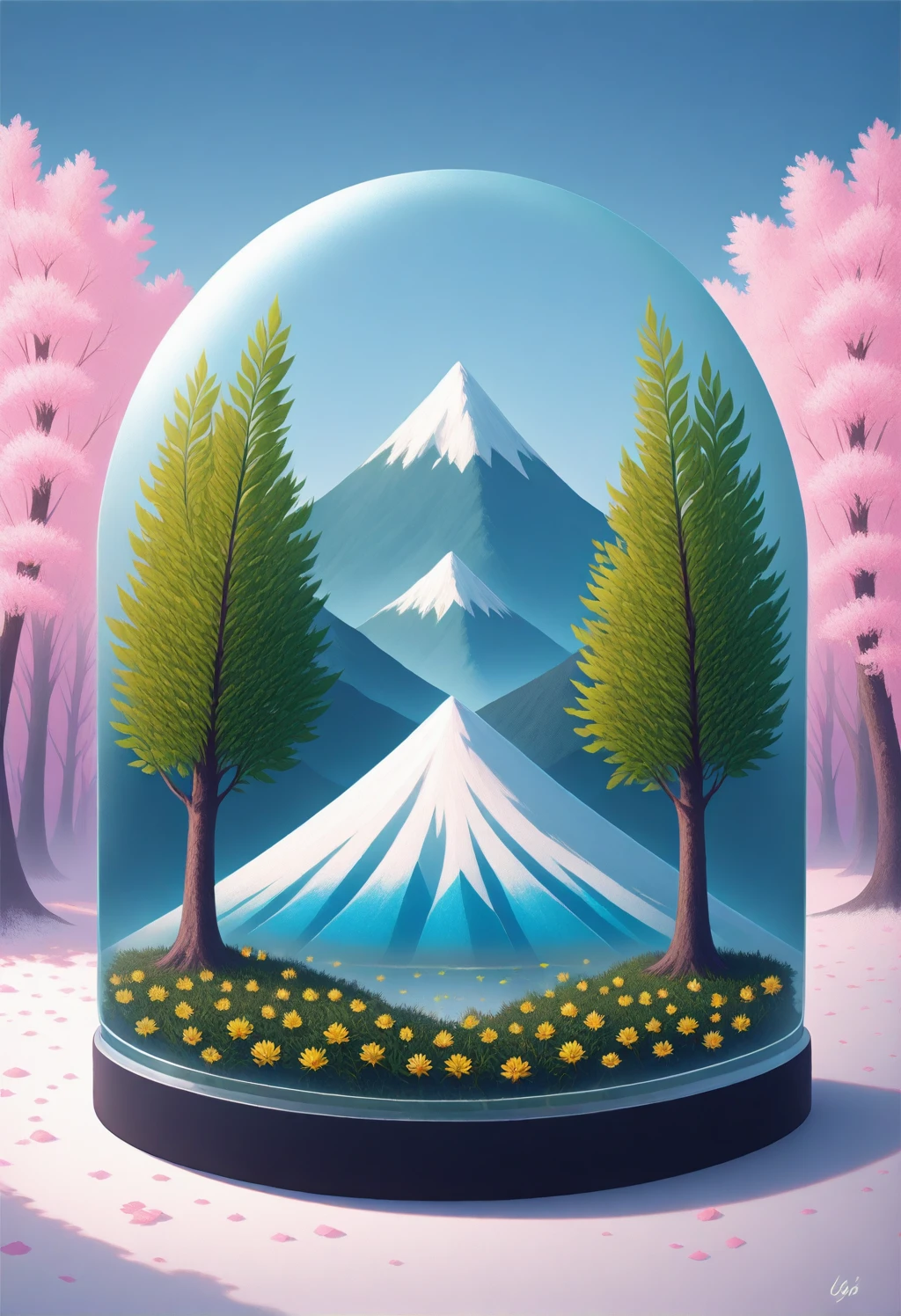 w0mb01nk, a digital illustration depicting a surreal, dreamlike scene. At the center of the image is a small, glass box with a reflective surface, which contains a vivid, mirror-like image of a serene mountain landscape with a bright blue sky and snow-capped peaks. The box is surrounded by lush greenery and vibrant flowers, with pink cherry blossoms and yellow flowers adding a touch of springtime beauty. A winding, golden path extends from the box, leading the viewer's eye through a tranquil, rocky stream that flows from the top left to the bottom right of the image. The stream is framed by smooth, large rocks and is surrounded by a variety of plants and flowers, enhancing the natural, peaceful atmosphere. The background features a dense forest with tall, leafy trees that fade into a soft, ethereal light, suggesting early morning or late afternoon. The colors are rich and vibrant, with a harmonious blend of greens, blues, and soft pastels. The overall style of the artwork is highly detailed and realistic, yet with an element of fantasy and surrealism, creating a captivating and otherworldly visual experience. The scene evokes a sense of tranquility and wonder.