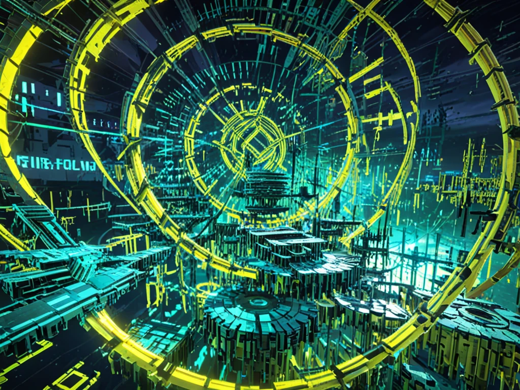 CrystarAesthetic, digital art, aesthetic, abstract, futuristic, CGI, neon lights, geometric shapes, dreamlike, machinery, blue background, yellow accents, intricate design, glowing elements, industrial, high-tech, complex structures, cybernetic, interconnected elements, vibrant colors