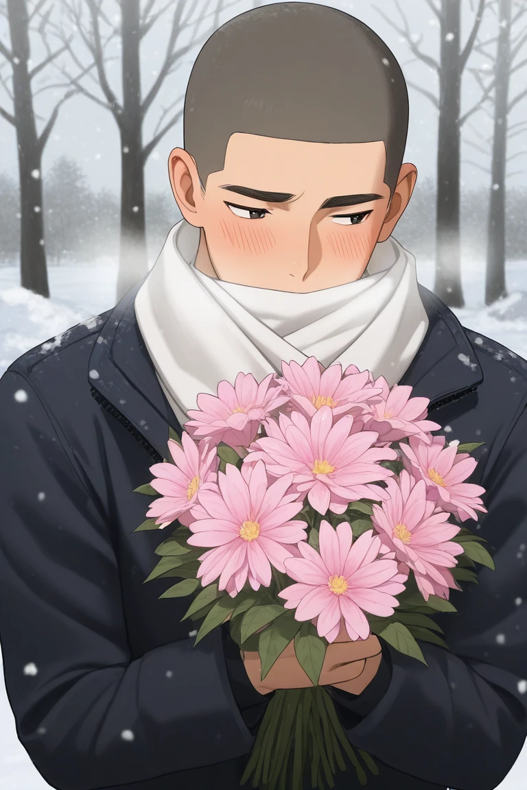 subsurface scattering, realistic shading, natural lighting, snowing, snow, winter theme, breath, holding pink flower bouquet, male focus, looking away, shy, expressive face, DaikiAOFH, black_DaikiAOFH_eyes, dark grey_DaikiAOFH_buzz cut, covered mouth, 1boy, blush, winter clothes, shiny skin, white scarf, jacket, outdoors, tree, romantic, intricately detailed illustration, depth of field, atmospheric perspective, masterpiece, best quality, amazing quality, very aesthetic, absurdres, newest, anime screencap