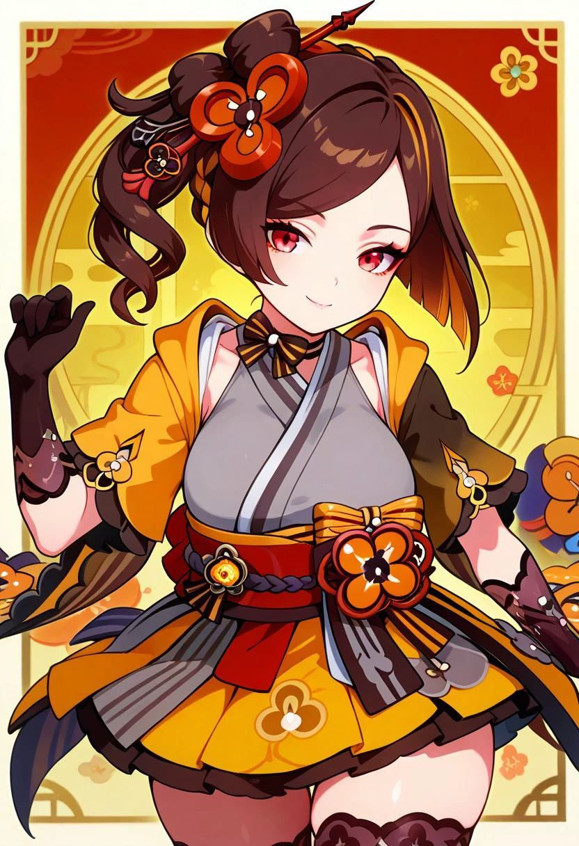 zzChiori, chiori (genshin impact), brown hair, hair ornament, red eyes, flower, hair flower, gloves, japanese clothes, sash, obi,
,curvy, smile, looking at viewer, pretty background, dynamic pose,