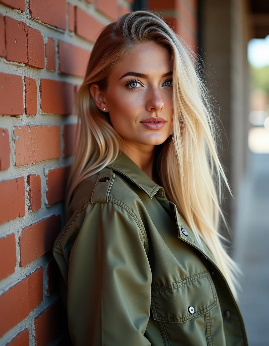 woman, alicaschmidt, blonde,straight hair,Leaning against a rustic brick wall wearing an olive green utility jacket,  <lora:alicaschmidtmini:1>