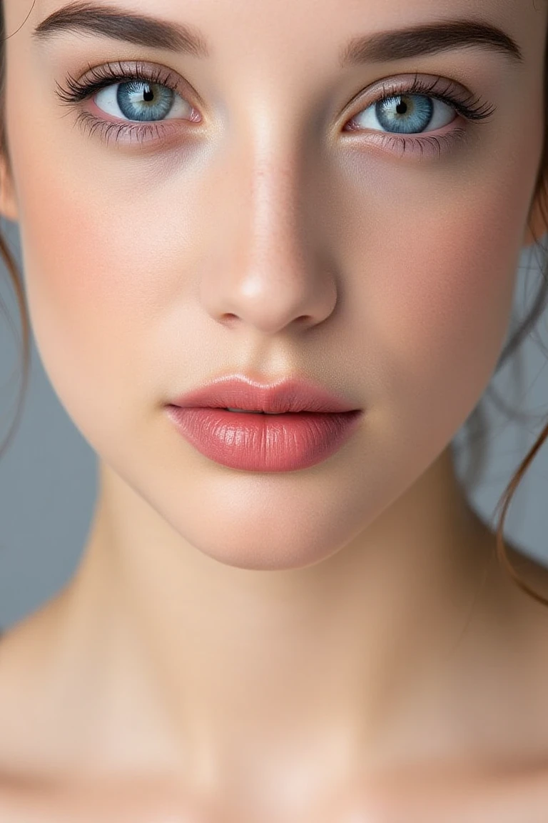 High quality realistic beauty shot of haniaaflx. A close-up shot of a woman. sky blue eyes. She is wearing a camisole blouse. Her lips are a light pink color. Her hair is pulled back. The backdrop is a light gray. She is giving a beautiful smile.