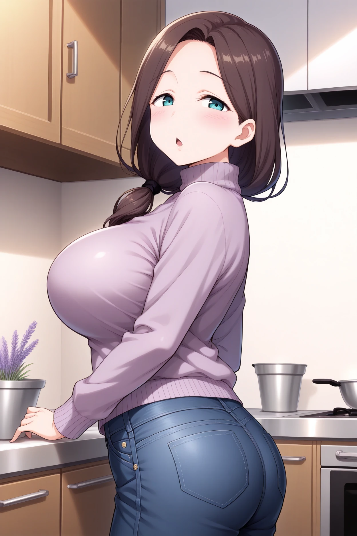 masterpiece, best quality, 1girl, solo, <lora:aimom-illu-nvwls-v1-000005:1> aimom, brown hair, closed eyes, hair over shoulder, low-tied long hair, mature female, lavender sweater, turtleneck, large breasts, jeans, butt, from side, looking at viewer, kitchen, chestnut mouth, blush, cabinet