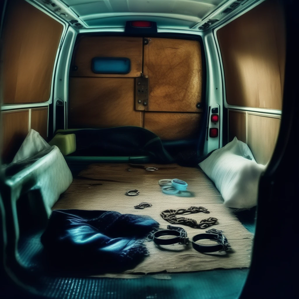 Looking into a scruffy work van interior. Empty van interior, wood panelling on the inside of the side walls, dusty wooden floor, old torn and stained striped mattress on the dirty floor of the van at an angle with large wet stain in the middle. A thin sisal rope length lies coiled on top of each corner of the mattress. A pair of black lace womens thong panties lies discarded on the floor. Four sets of handcuffs lie carelessly discarded on the floor, a small tub of vaseline is in the floor next to the open back doors, brightly lit interior of van