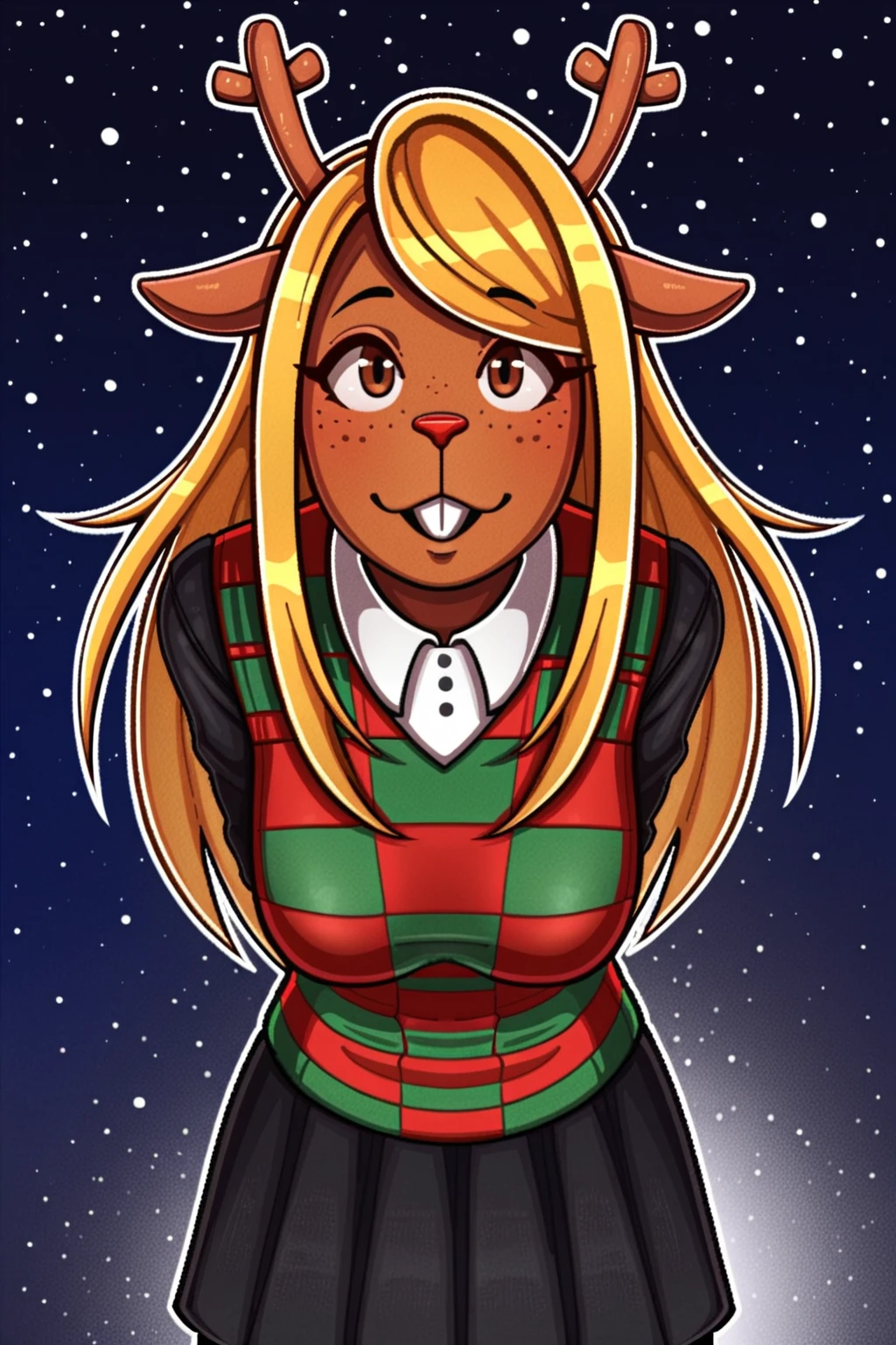 masterpiece, best quality, newest, absurdres, furry female, noelle_hol, deer girl, buck teeth, checkered sweater, skirt, medium breasts, leaning forward, seductive, alluring, arms behind back, brown eyes,
BREAK
dark background, dynamic background, stars, night, outdoor,  <lora:Noelle_Holiday_-_Deltarune_Pony:1>