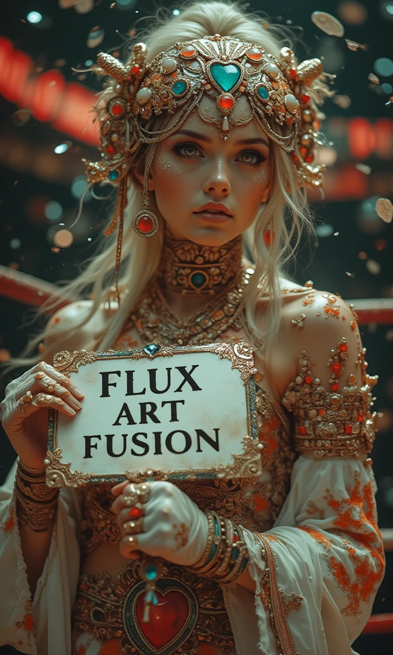 A woman in the ring holds a sign with the inscription: "FLUX ART FUSION", beautiful, detailed, intricate, elegant, highly enhanced, dramatic light, sharp focus, illuminated background, divine, scenic, professional, artistic, attractive, pretty, cute, perfect, innocent, balanced colors, best, romantic, futuristic, stunning, magical, pure, wonderful, delicate, creative, positive, unique, flowing, color, shiny,