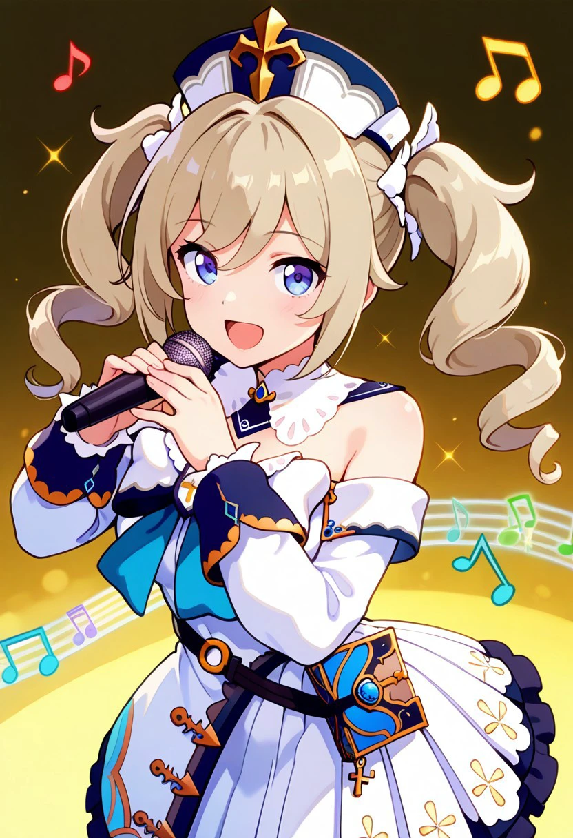 zzBarbara, long hair, bangs, blue eyes, blonde hair, hair between eyes, twintails, sidelocks, drill hair, light brown hair, twin drills, long sleeves, hat, dress, bow, detached sleeves, white dress, detached collar, (singing, music notes), 
,curvy, smile, looking at viewer, pretty background, dynamic pose,