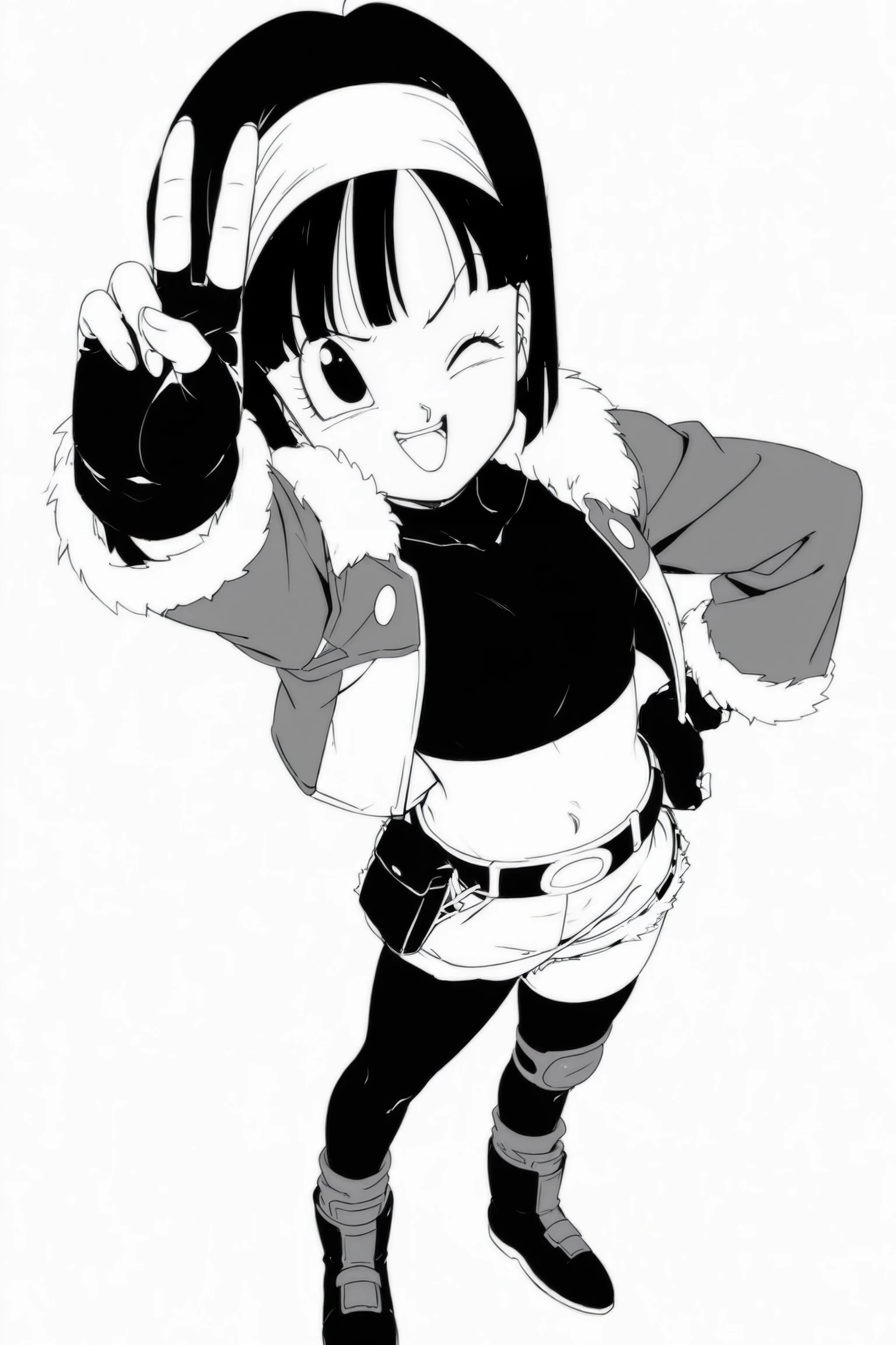 source_anime, score_9, score_8_up, score_7_up, anime screencap, absurdres, high quality,
pan \(dragon ball\), xeno, official style, greyscale, monochrome, 1girl, solo, looking at viewer, black eyes, smile, open mouth, short hair, black hair, bangs, hairband, jacket, cropped jacket, open clothes, open jacket, long sleeves, black crop top, fingerless gloves, arm up, midriff, navel, belt, fanny pack, shorts, fur trim, knee pads, black thighhighs, asymmetrical legwear, uneven legwear, boots, black footwear, one eye closed, single leg pantyhose, simple background, white background, standing, full body, from above, v-shaped eyebrows v,
<lora:Pan_IL_v1:0.8>