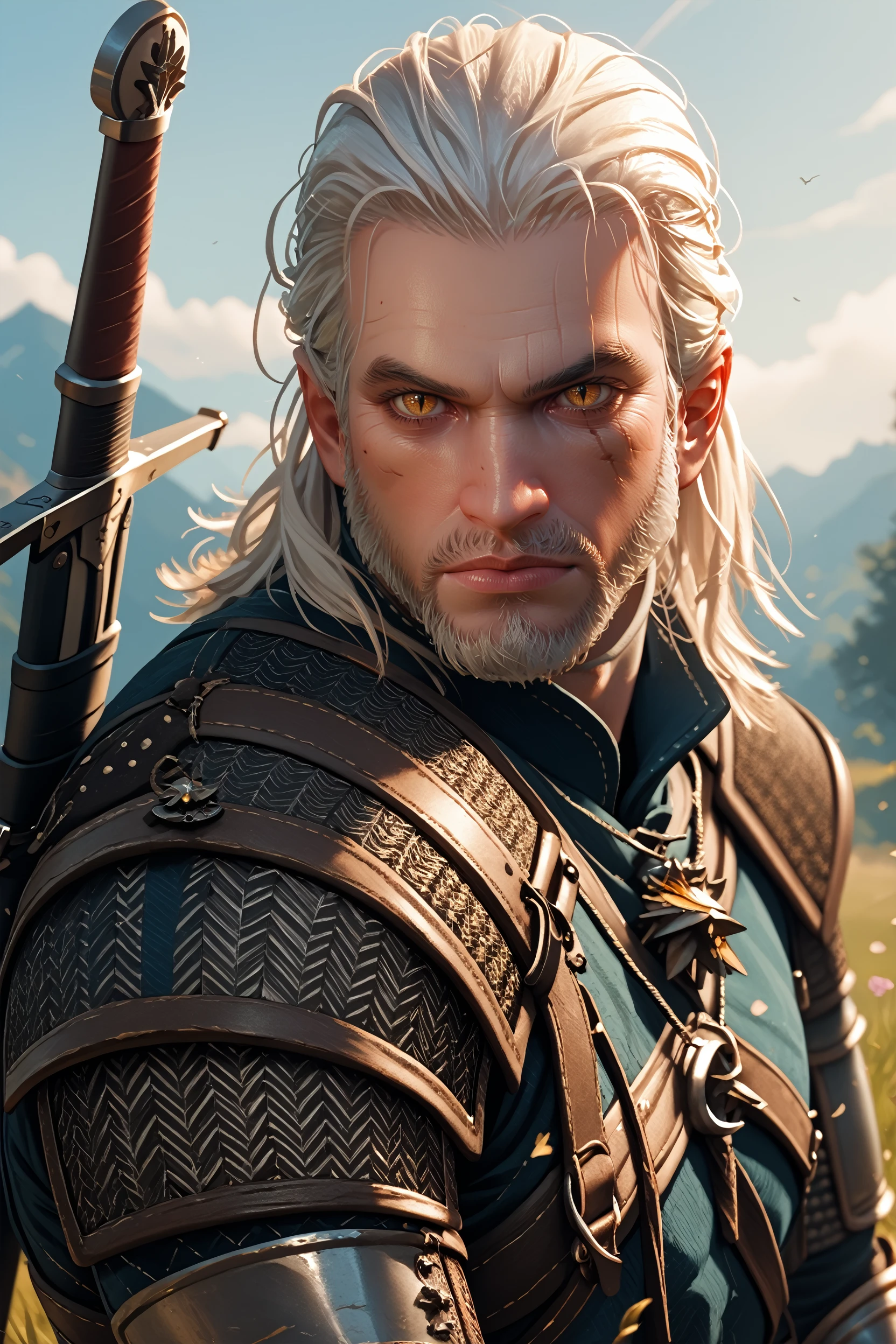 score_9, score_8_up, score_7_up,
<lora:W3Geralt:0.9>
W3Geralt, 1boy, white hair, yellow eyes, slit pupils, facial hair, looking at viewer, armor, sword, from behind, looking at viewer