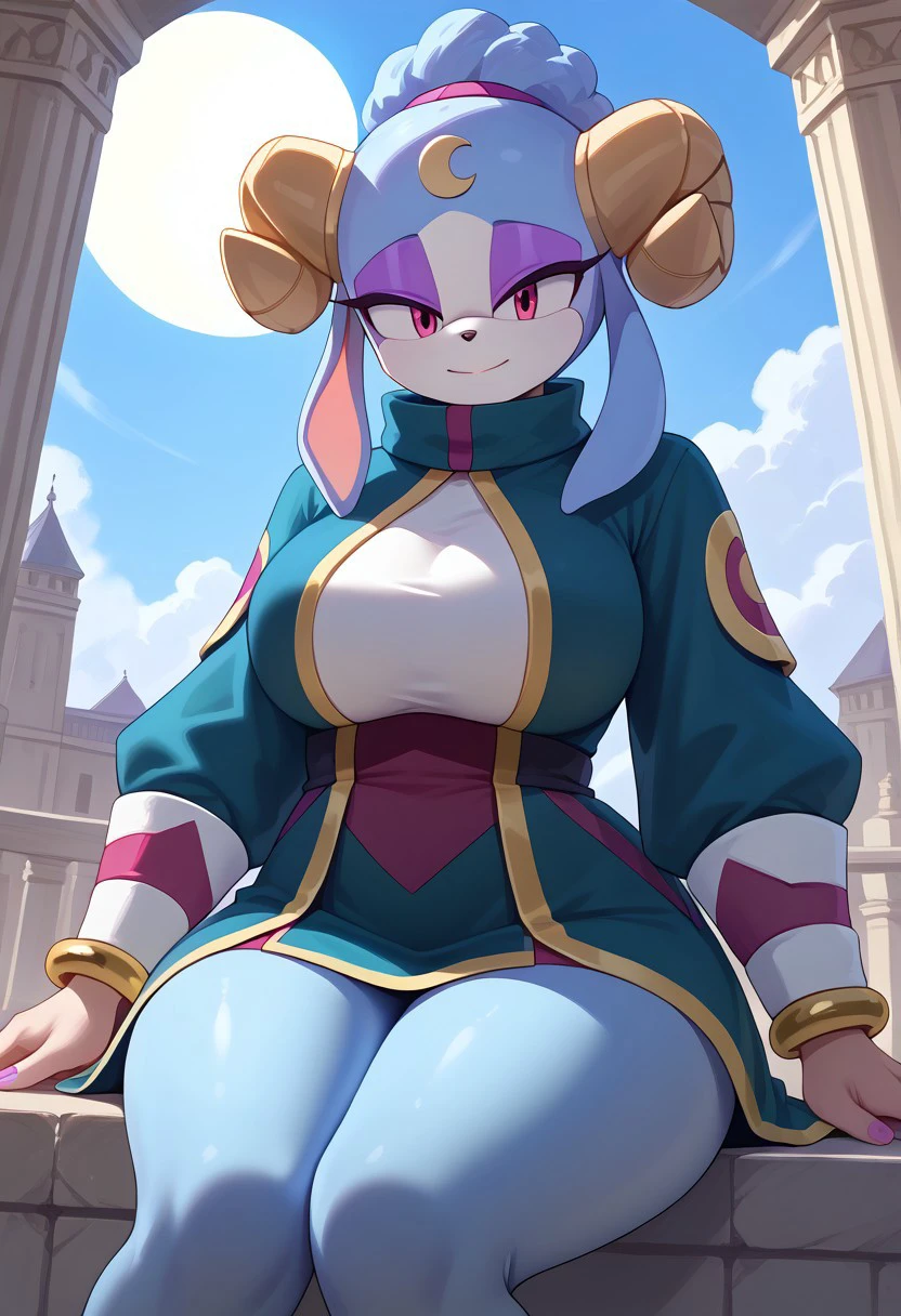 score_9, score_8_up, score_7_up, (best quality:1.1), ultra-detailed, high resolution, 8k, female, big ass, Ariem, blue fur, blue skin, red eyes, ram horns, purple eyeshadow, long sleeve green dress, bracelet, crescent moon forehead mark, sexy, seductive smile, sitting, solo, ((big breasts, voluptuous, thick thighs, curvy, busty, high quality, masterpiece, wide hips)), (((dutch angle, sexy tease, sexy pose, stylish pose))) BREAK outside, Rich, Detailed background, ambient light