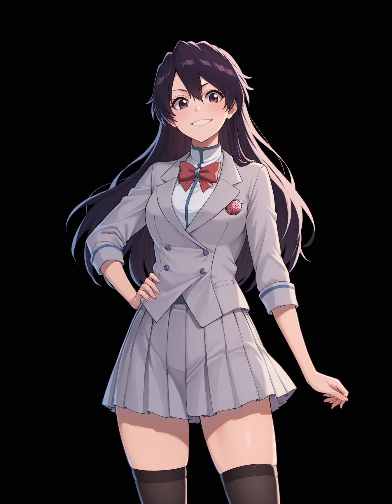 <lora:Bambietta_Basterbine_Illustrious:1>
simple black background,
bambietta_basterbine, 1girl, black hair, long hair, hair between eyes,
school uniform, grey skirt, grey blazer, bowtie, smile, thigh highs, 
simple background, masterpiece, best quality