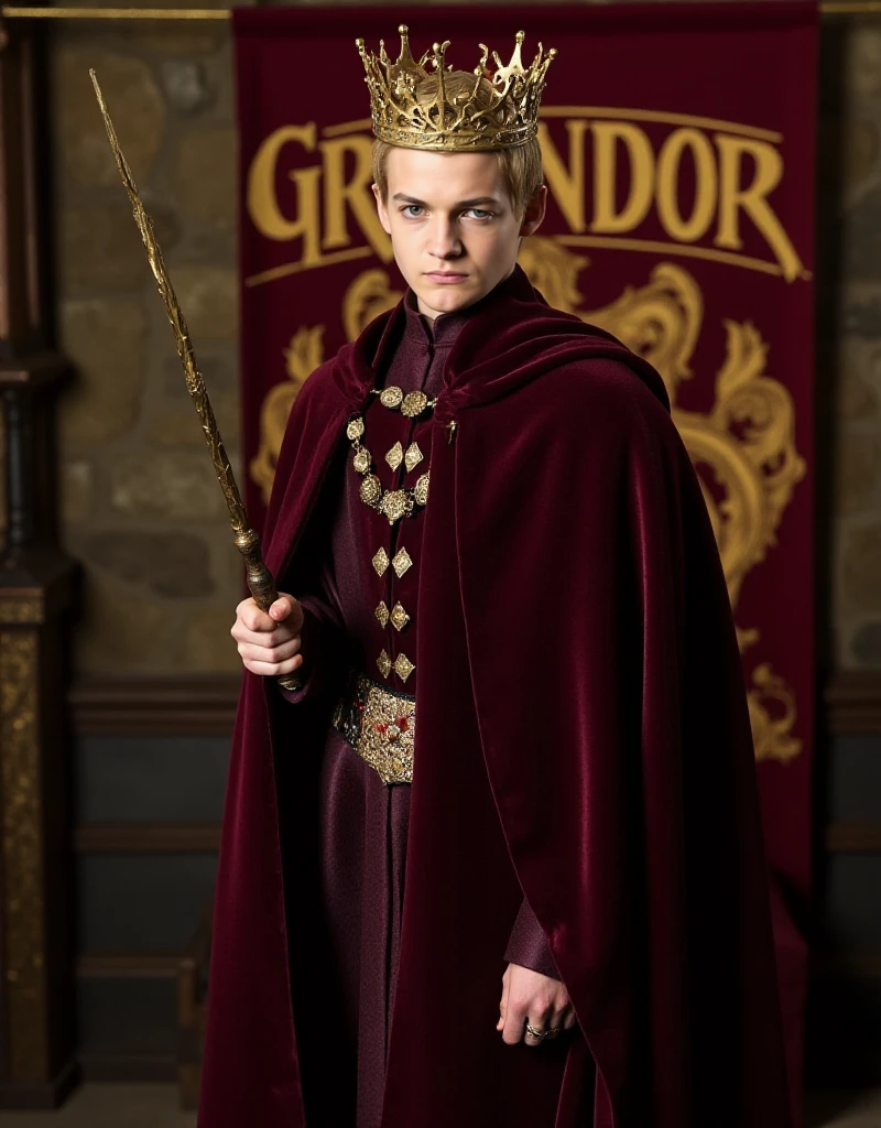 <lora:Joffrey Baratheon:0.9> joffrey baratheon, full body, a man with a crown holds a magicwand in front of a banner with the text "Gryffindor"