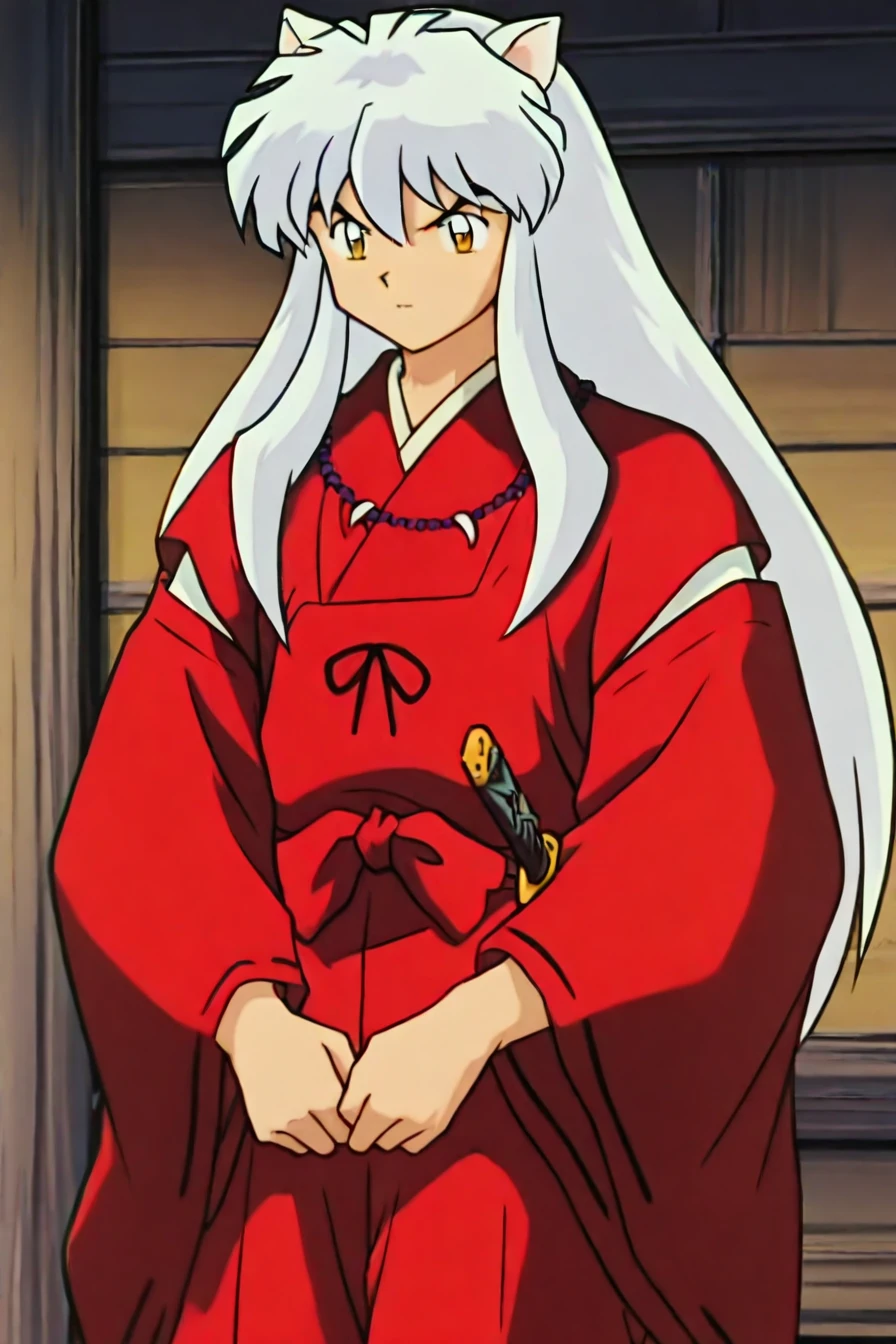 <lora:inuyasha_pony:0.8> inuyasha, white hair, yellow eyes, long hair, animal ears, dog ears, red kimono, kimono, japanese clothes, 1boy, solo, alone,  <lora:inuyasha_style_illustriousXL:0.8>, inuyasha_style,  masterpiece, highres