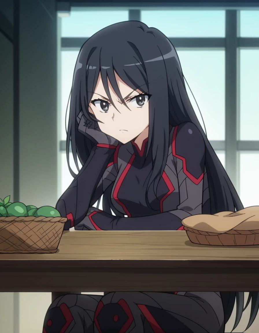 score_9, score_8_up, score_7_up, source_anime, <lora:shutaura-sequenzia-movie-ponyxl-lora-nochekaiser:1>, shutaura sequenzia, long hair, black hair, black eyes, hair between eyes, anime screencap,, bodysuit, black bodysuit, pilot suit, farmers market, fresh produce, local vendors, baskets, sunny day, community, , sitting, elbow rest, table,, looking at viewer, solo,, dutch angle, cowboy shot