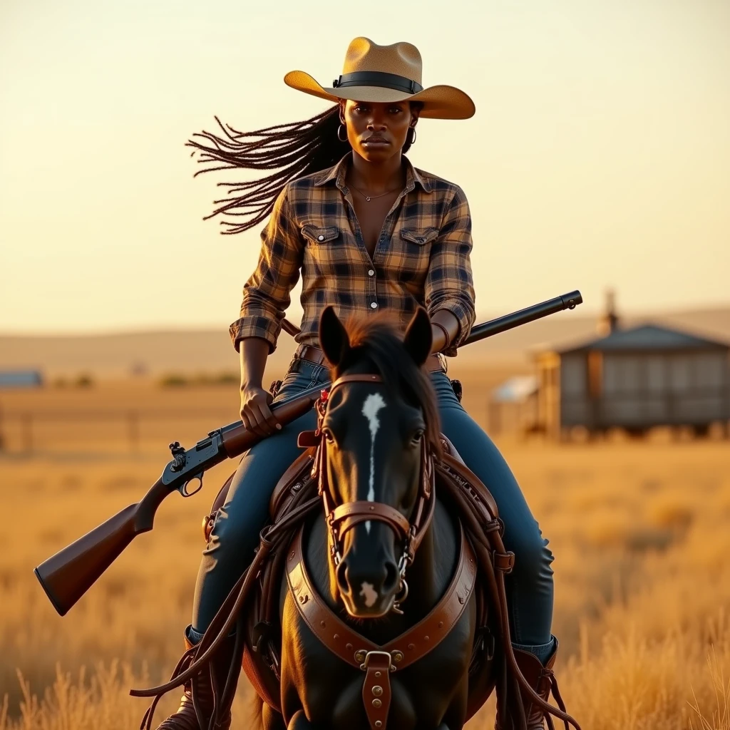 ovtlawz, an African American woman gallops across an open prairie on a black stallion, her braided hair flying free beneath a straw hat. She wears a plaid work shirt tucked into denim trousers, with a leather duster trailing behind her in the wind. Her boots are scuffed and spurred, and a shotgun is slung across her saddle. She gazes fiercely ahead, a symbol of independence and defiance. The camera angle is wide and sweeping, capturing the vast prairie and the distant outline of a ranch. The golden light of the setting sun reflects off her polished rifle barrel and illuminates the grass swaying in the breeze.