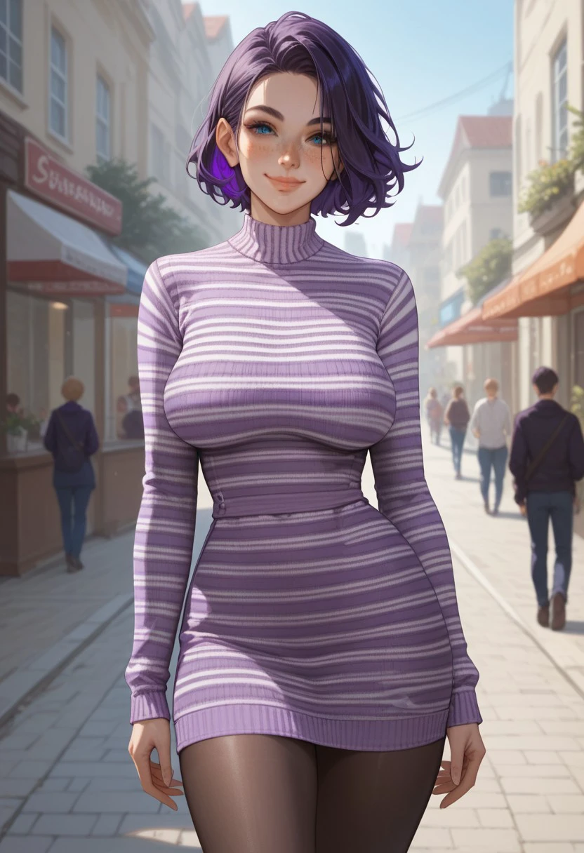 score_9, score_8_up, score_7_up, score_6_up, Violet, VioletRH, purple short hair, [purple|blue] multicolor hair, blue eyes, freckles, freckles on her chest, curvy, big chest, sagging breasts, thick thighs, beautiful lips, SwDrRH, sweater dress, striped dress, purple-white dress, pantyhose, cowboy shot, posing, posing cute, smiling, closed mouth