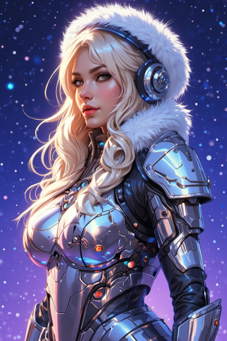 highly detailed digital artwork, female cyborg, futuristic sci-fi aesthetic, sleek metallic armor, glossy appearance, segmented armor, smooth pale skin, long blonde hair, loose waves, expressive eyes, contemplative gaze, Santa hat, red with white fur trim, festive theme, garland of sparkling ornaments, glowing multicolored lights, dark blue and purple gradient background, bokeh lights, pink orange yellow, magical holiday atmosphere, polished realistic style, intricate detail, reflective metallic textures,d2j3m0x