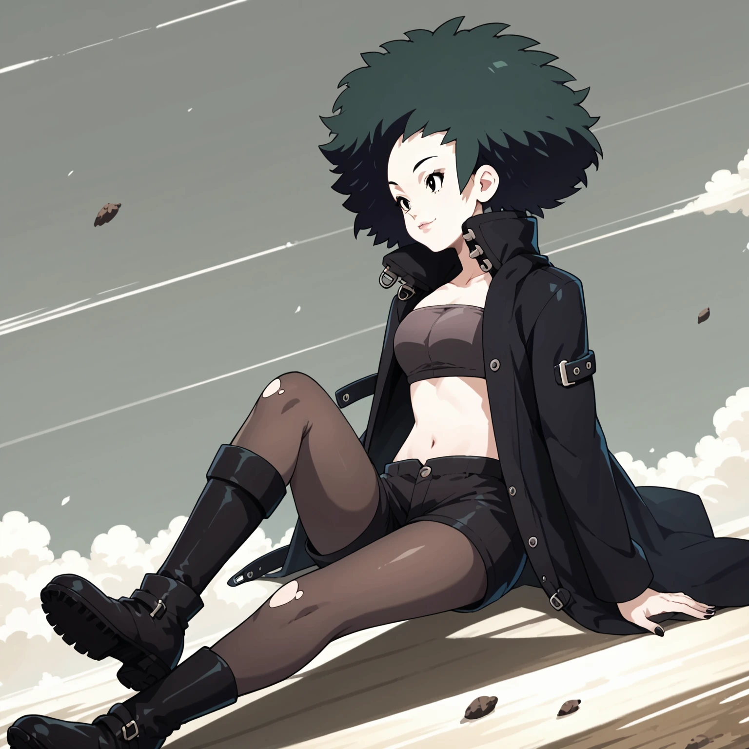 score_9, score_8_up, score_7_up, source_anime, 1girl, solo, LashAW,  big hair, afro, black hair,  pantyhose, boots, black coat, tube top shorts, <lora:Lash-AW-pony-v2:1>