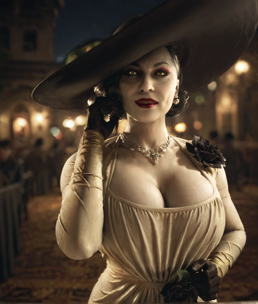 score_9,score_8_up,score_7_up,score_6_up,score_7_up,score_8_up,zPDXLrl,<lora:Alcina_dimitrescu_XL>,mature female,gloves,pale_skin,big breasts,makeup,lipstick,hat,dress,necklace,black rose,dimitrescu,standing,glowing eyes,night,