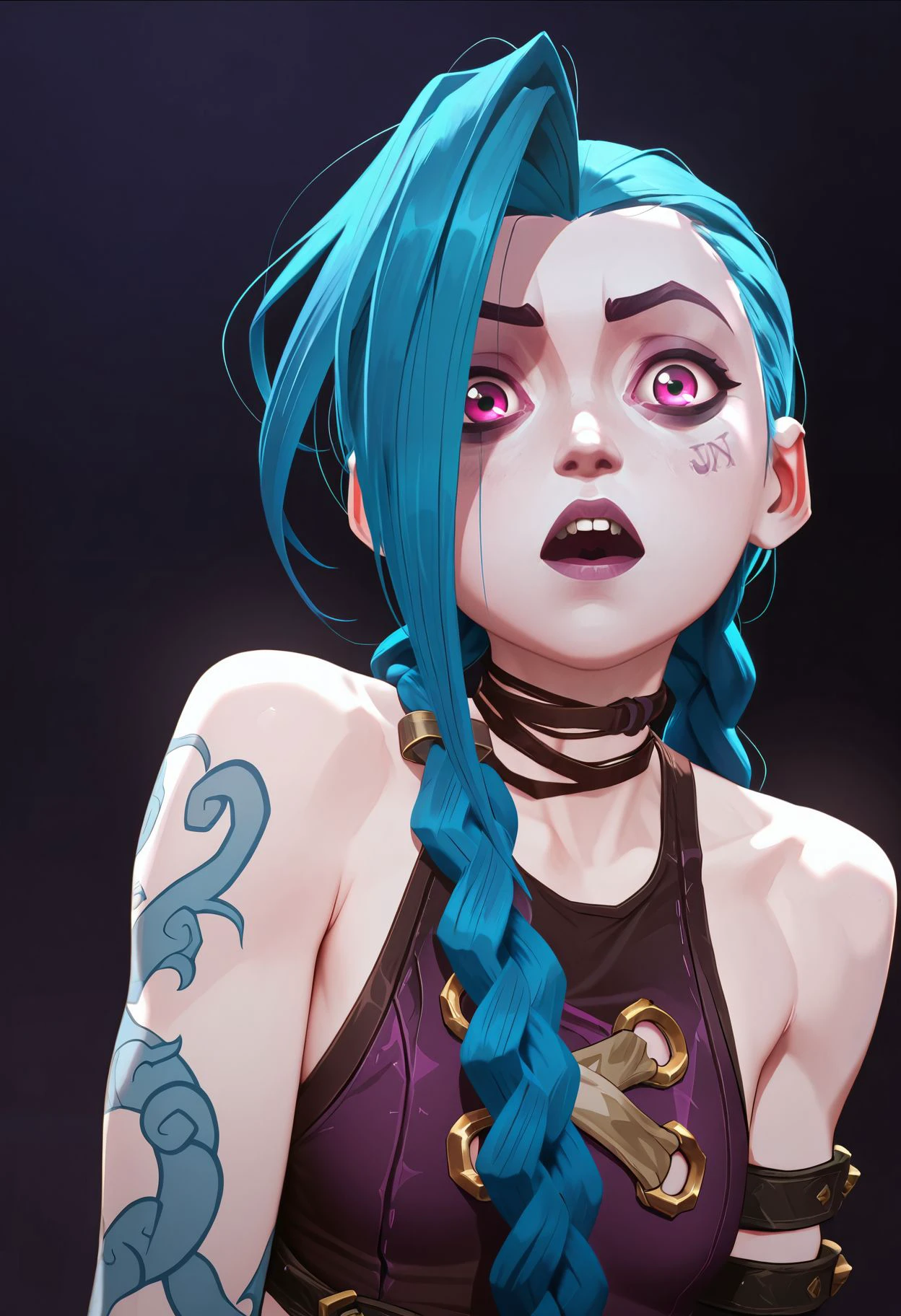 masterpiece,best quality,amazing quality,  <lora:arcane_style_illustrious_goofy:1>  1girl, jinx (league of legends), braid, long hair, shoulder tattoo, bare shoulders, brown shirt, upper teeth only, asymmetrical bangs, arm tattoo, blue hair, pink eyes, brown choker, twin braids, looking at viewer