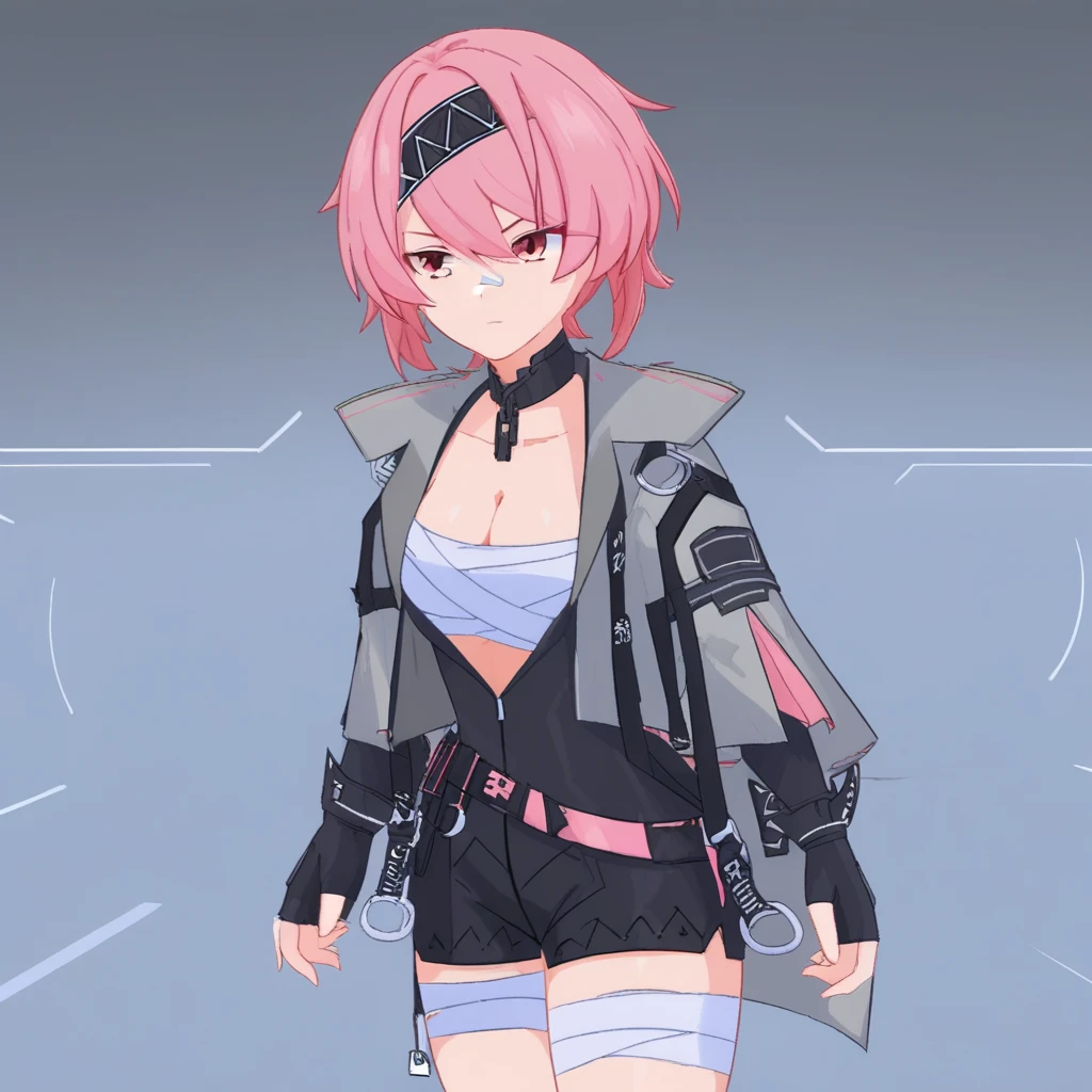 Fuchsia, pink hair, black hairband, bangs, fingerless gloves, short hair, open jacket, shorts, long sleeves, grey jacket, cleavage, bandaged leg,