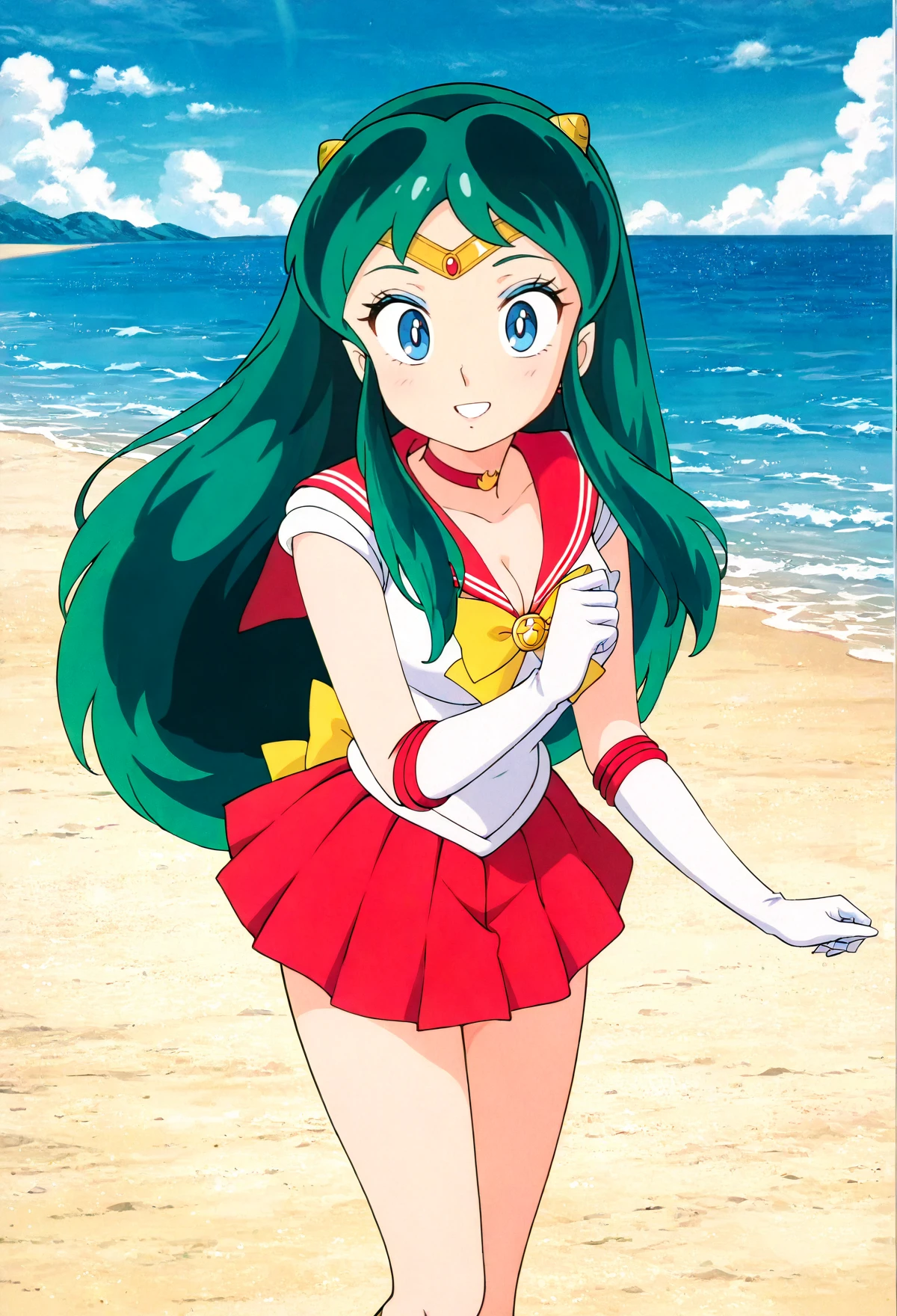 1girl, solo, anime screencap, lum, sailor senshi uniform, red skirt, on the beach, smile, teeth, cleavage,  very awa, vibrant, masterpiece, best quality, newest, absurdres, highres
<lora:Lum_IL-000010:1>