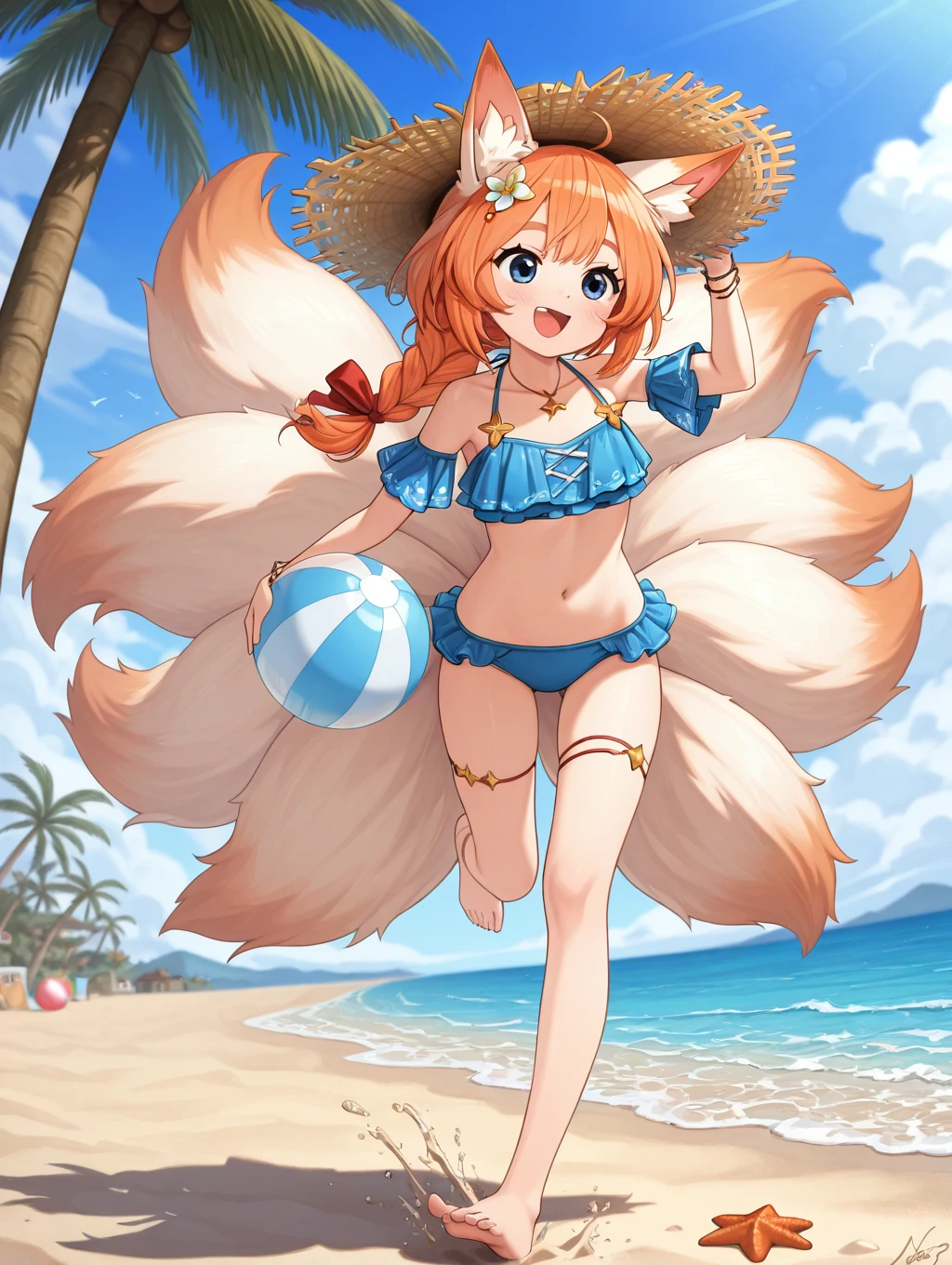 nari, 1girl, smile, open mouth, blue eyes, hat, ribbon, navel, animal ears, jewelry, tail, swimsuit, braid, bikini, outdoors, sky, barefoot, day, cloud, signature, water, orange hair, tree, blue sky, animal ear fluff, fox ears, fox tail, ocean, beach, fox girl, {{{multiple tails}}}, ball, running, sand, palm tree, straw hat, beachball, starfish

masterpiece, best quality,amazing quality, very aesthetic, absurdres, depth of field, blurry background, extremely detailed face, detailed eyes