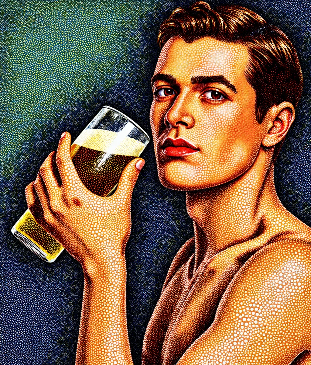 <lora:Pointillism_Art_style:0.9> pointillism art style a man holds a beer