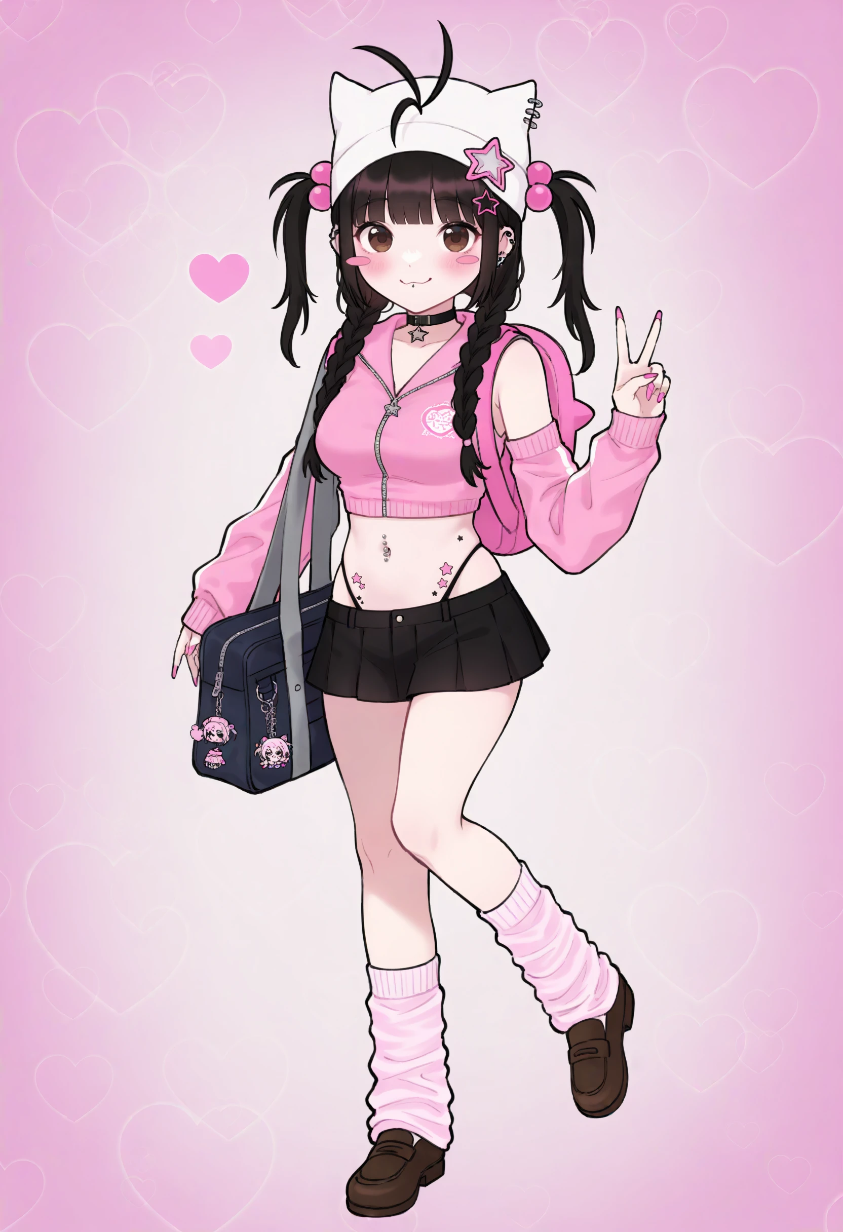 Angxlcream, 1girl, long hair, looking at viewer, blush, large breasts, smile, simple background, skirt, black hair, long sleeves, hair ornament, white background, hat, navel, animal ears, closed mouth, brown eyes, standing, underwear, jacket, full body, panties, heart, boots, detached sleeves, shorts, shoes, choker, socks, midriff, hood, miniskirt, star (symbol), bag, black jacket, collar, twin braids, crop top, two side up, multiple views, v, fake animal ears, black choker, white headwear, highleg, brown footwear, piercing, white socks, blush stickers, white footwear, standing on one leg, backpack, antenna hair, ear piercing, hair bobbles, loafers, pink nails, track jacket, school bag, star hair ornament, highleg panties, animal hat, gyaru, navel piercing, loose socks, leg warmers, heart choker, pink bag, animal ear headwear, pink socks, <lora:AngxlcreamV2:0.7>