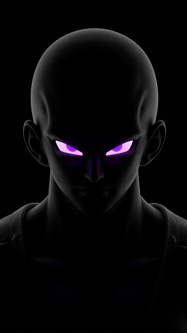 hy3ddk,close-up,Piccolo from the Dragon Ball in the black background,backlighting.The eyes emit a linear mediumpurple light，Frosted material surface, black frosted render material, rock texture, strong_rim_light, backlighting,High contrast，