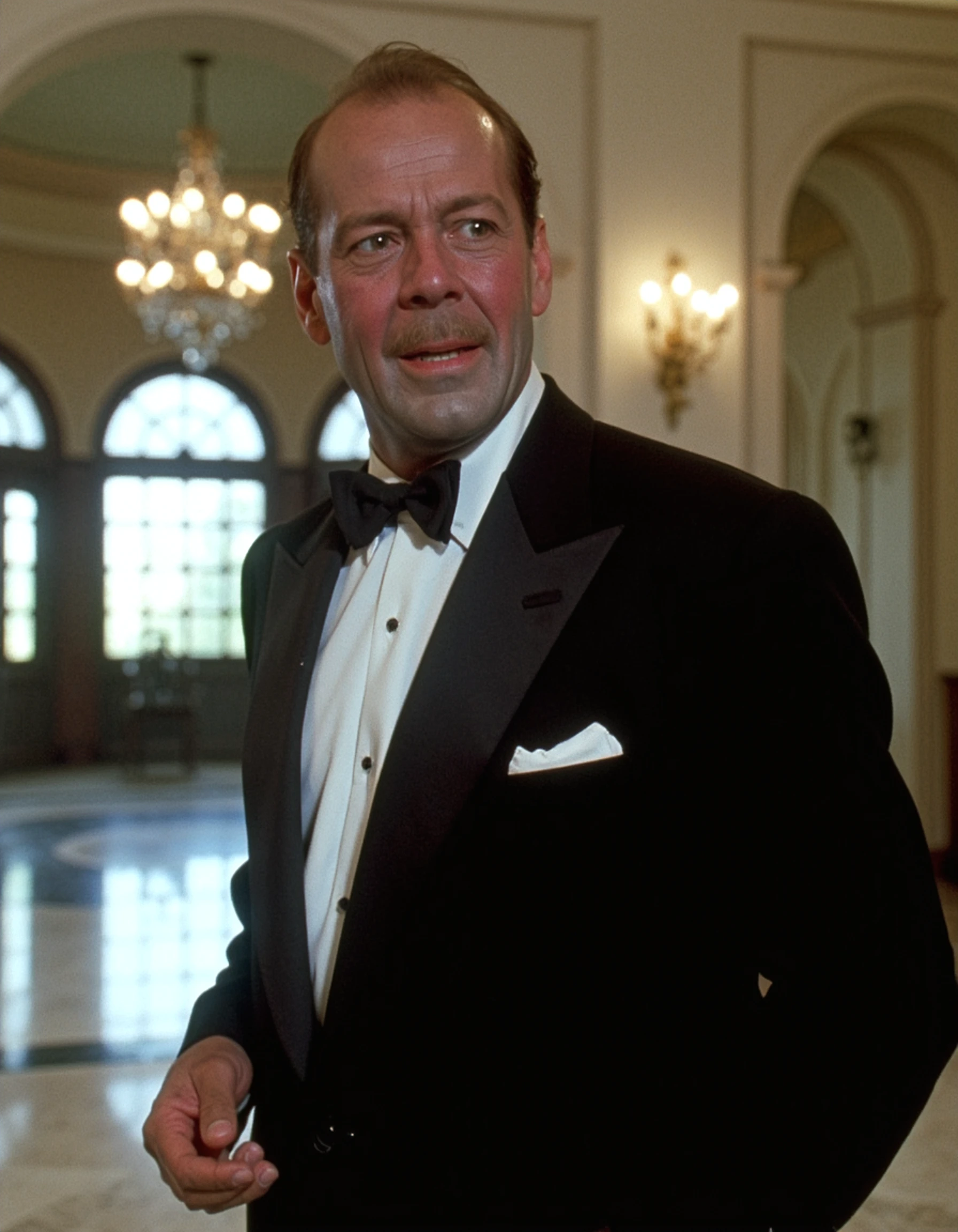 A cinematic shot of a older man Ernest Menville standing in the foyer of a large mansion. He is wearing a tuxedo. He is dripping wet.