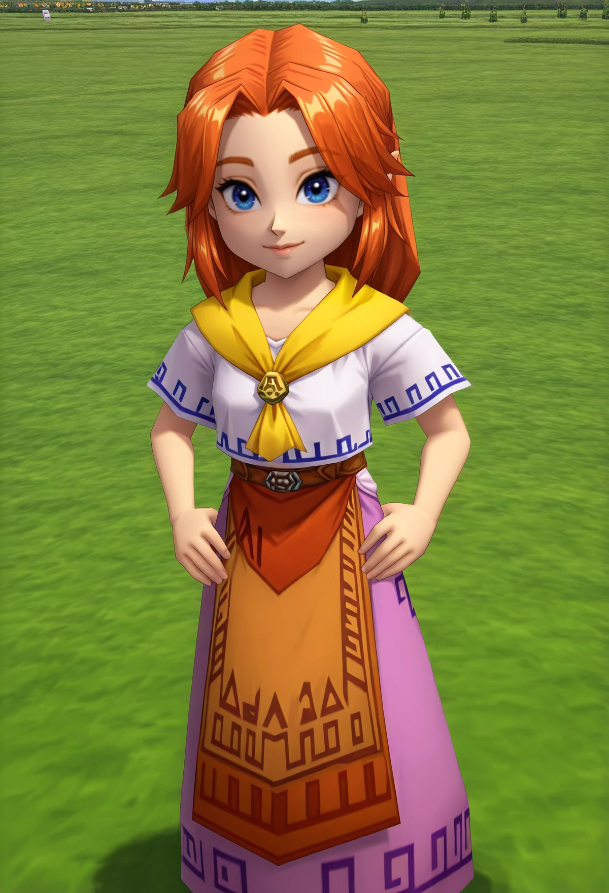 low poly, 3d, an animated character, 1girl, malon, orange hair, long hair, blue eyes, white shirt, yellow scarf, pink skirt, belt, upper body, hands on hips, field
<lora:Ocarina_Low_Poly_Illustrious:1>, masterpiece, best quality, newest, absurdres, highres, safe,