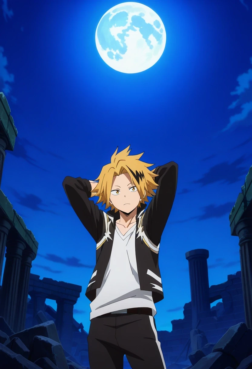 masterpiece, best quality, , anime screencap, anime coloring, official style, , , 1boy, solo, male focus, <lora:denki_kaminari_ilxl:0.9>, denki_kaminari, blonde hair, yellow eyes, short hair, spiked hair, multicolored hair, two-tone hair, black hair, streaked hair, wide angle, wide shot, cowboy shot, ancient ruins, night, full moon, arms behind head, relaxed,