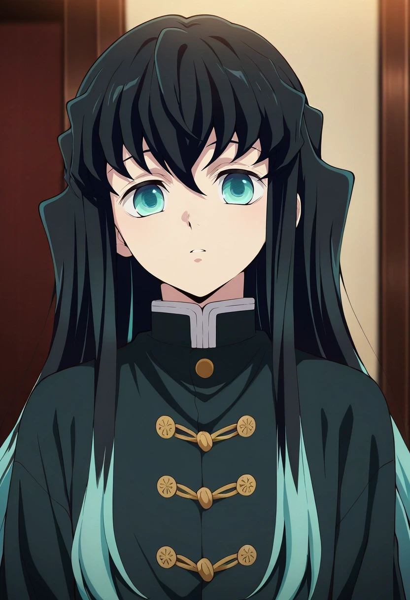 masterpiece, best quality, intricate details, anime screencap, , official style, looking at viewer, , 1boy, solo, male focus, <lora:muichirou_tokitou_ilxl:1>, muichirou_tokitou, black hair, aqua eyes, long hair, bangs, hair between eyes, sidelocks, multicolored hair, two-tone hair, gradient hair, aqua hair, ,