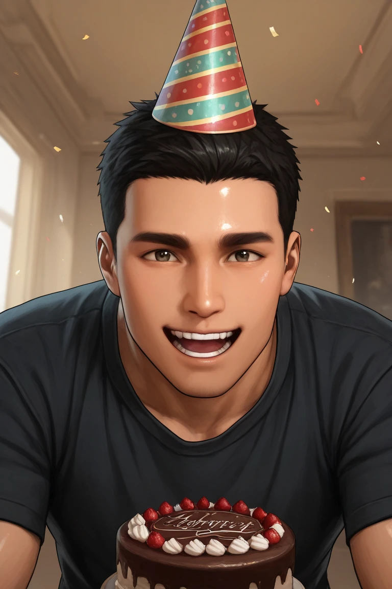 anime coloring, subsurface scattering, realistic shading, cute theme, holding a cake, male focus, leaning forward, looking at viewer, expressive face, hornersc, black_hornersc_short hair, black_hornersc_eyes, 1boy, party hat, happy, shiny skin, wide smile, shirt, indoors living room, confetti, festive, dynami angle, intricately detailed illustration, depth of field, atmospheric perspective, masterpiece, best quality, amazing quality, very aesthetic, absurdres, newest, anime screencap