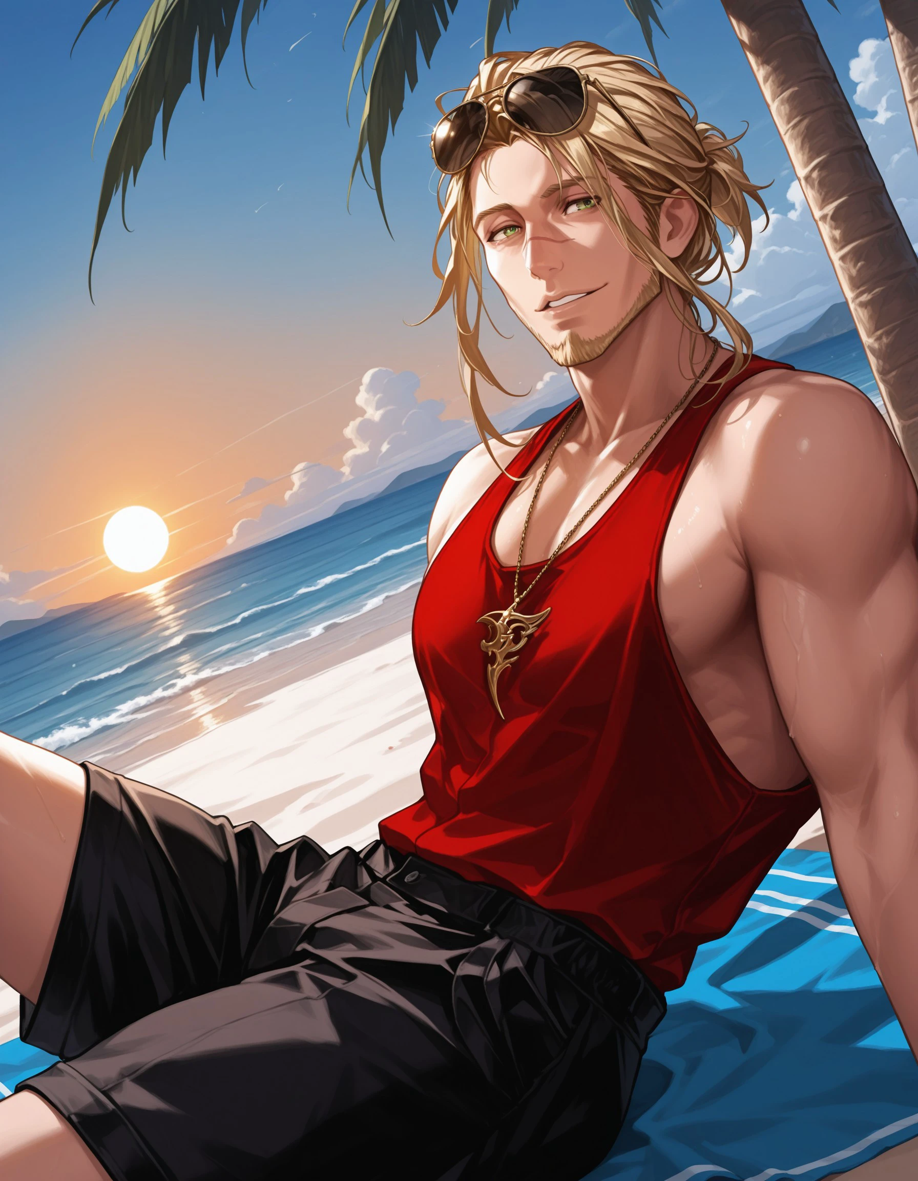 masterpiece, best quality, amazing quality, DonaldPTN, mature male, Green eyes, Blonde hair, Long hair, Low ponytail, Nose scar, Facial hair, Red tank top, black shorts, gold pendant, necklace, sunglasses on head, from the side, Dutch angle, beach, sea, beautiful sky, sun, sand, palm trees, confident, smile, parted lips, sitting on towel, distant stare, water