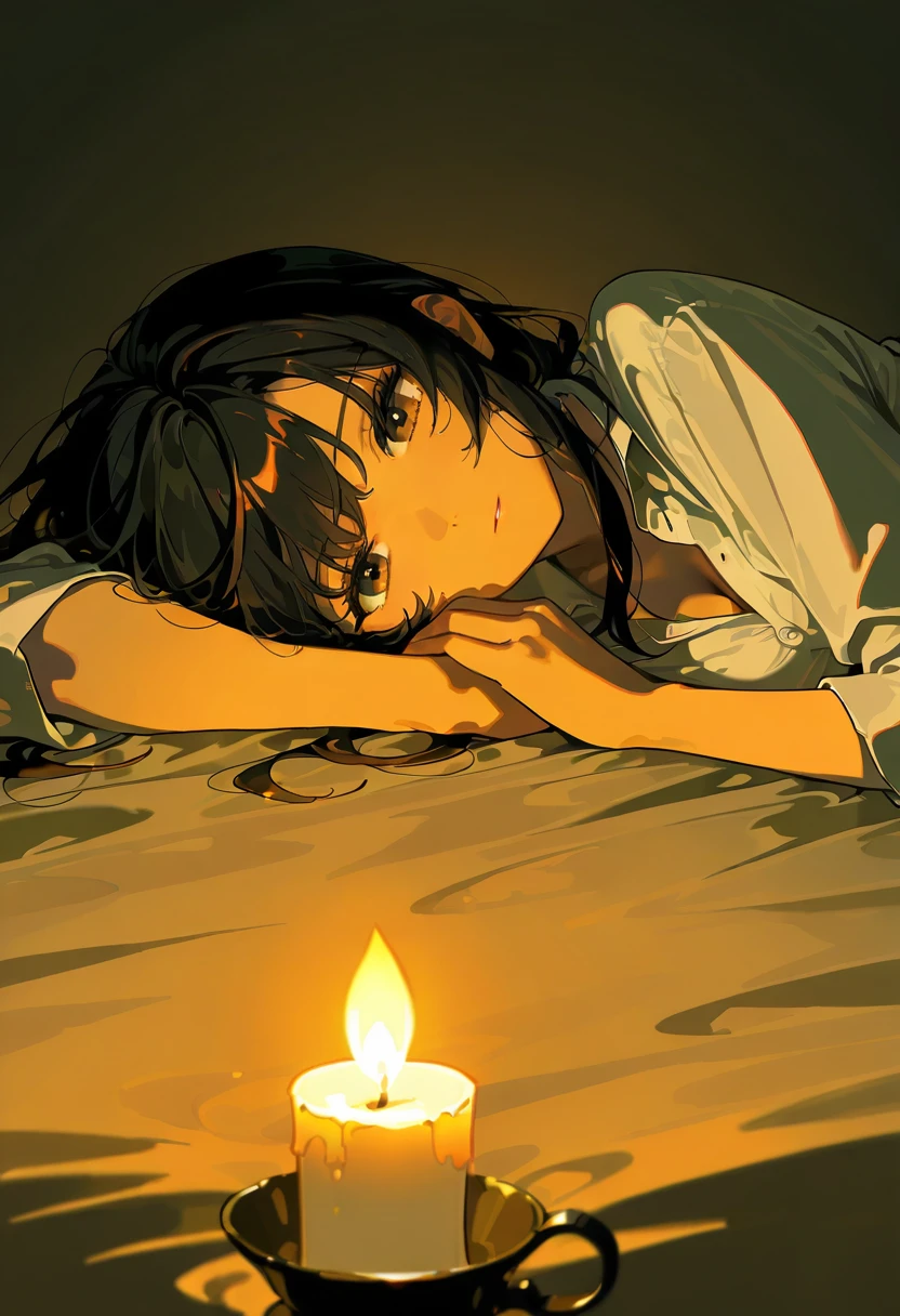 warm lighting, 1girl, solo, candlelight, lying, bed