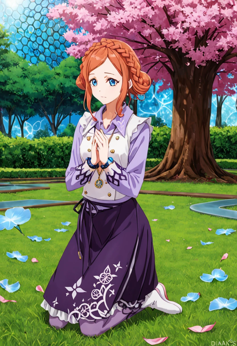 (((solo))), masterpiece, best quality, very aesthetic, modern, modern anime, anime style, newest, absurdres, highres, profile view , confused expression  ,  <lora:Luna_VLR_SDXL:1>, A photo of Luna. location:VLR:garden. Luna kneels in the B. Garden's meditation area, surrounded by holographic cherry trees. As the digital petals fall, each one transforms into a tiny medical diagram before touching the ground. Her form occasionally glitches, revealing glimpses of Diana's original memories interwoven with her own protocols. Luna has droopy blue eyes and thin eyebrows. Luna's coral orange hair is tied in a bun with a braid and with two long strands on each side of her face in the front, accompanied with short, side-swept bangs. Luna wears a light purple, long-sleeved blouse under a white vest and a long, dark purple skirt with a white geometric design near the bottom. The skirt is tied around her waist with a ribbon. She also has purple stockings and white slippers. She wears a large bracelet on her left wrist. Her necklace is a caged bluebird.