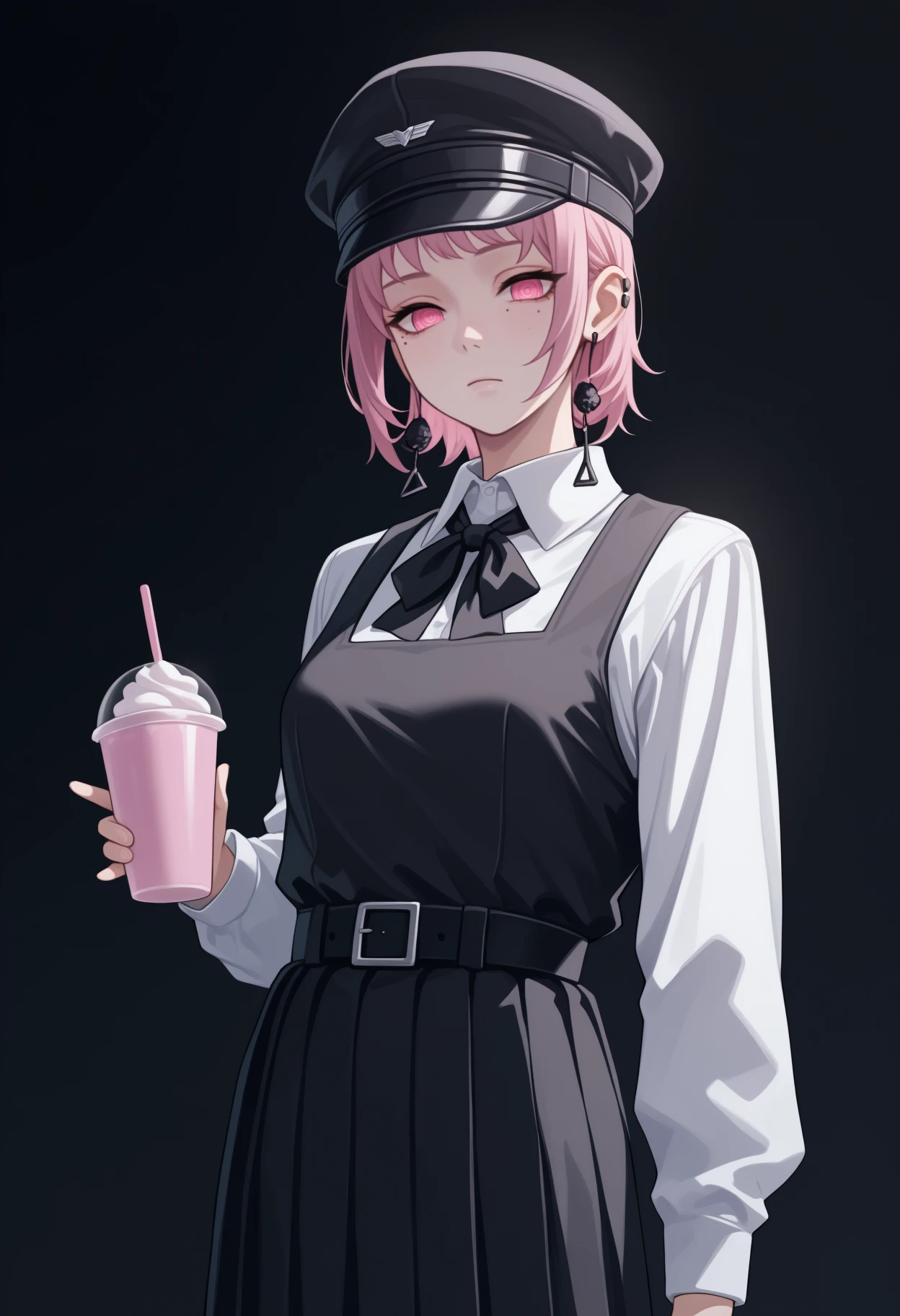 masterpiece, best quality, <break> cowboy shot, solo, 1girl, f4mi, multiple moles, mole under eye, mole under mouth, ear piercing, expressionless, looking at viewer, standing, holding cup, disposable cup, milkshake, short hair, pink hair, military hat, pink eyes, ringed eyes, school uniform, black dress, pinafore dress, sleeveless dress, black belt, white shirt, collared shirt, neck ribbon, black ribbon, long sleeves, tassel earrings, dark background
<segment:yolo-Anzhc Face seg 640 v2 y8n.pt,0.4,0.5//cid=1>