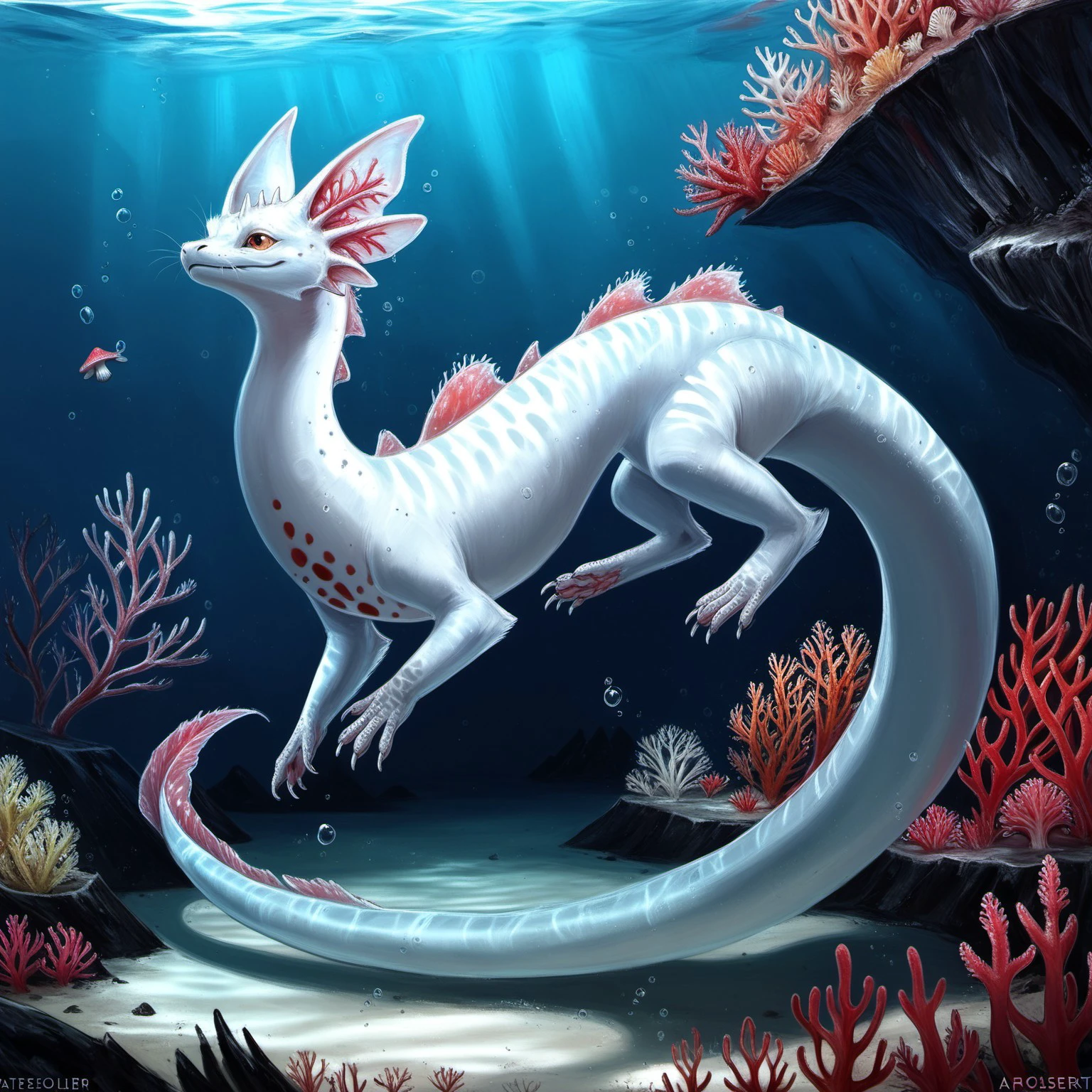 long tail, lk, score_9, score_8_up, score_7_up, score_6_up, score_5_up, score_4_up, hybrid, feral, solo, Axolotl, white underbelly, red back spikes,  chest markings, multicolor skin, spots, blue-tipped ears, long animal ears, claws, arms, fusion, dragon/fox,  , underwater plant, glowing, scenery, glowing, cave, coral, mushroom, geyser, underwater, underwater palace, 