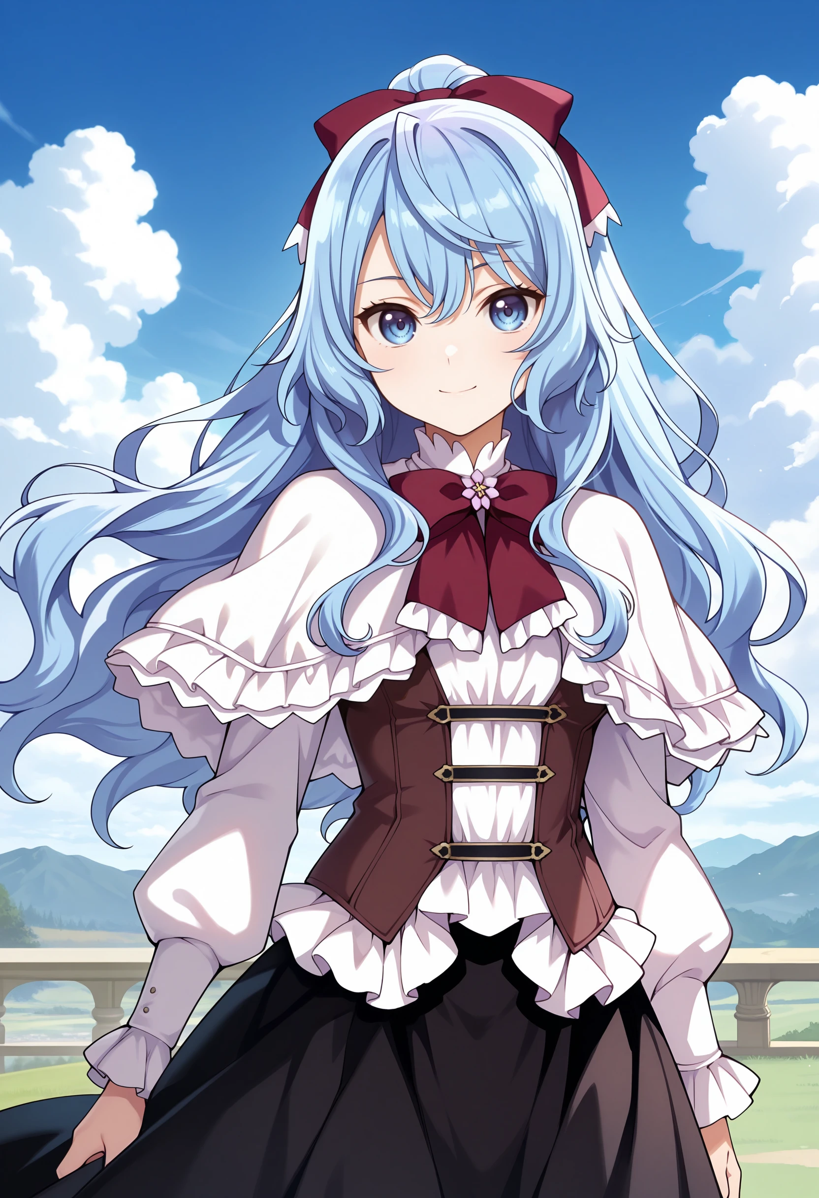 best quality, masterpiece \(quality\),
liselotte cretia, blue hair, hair bow, 
white capelet, long sleeves, vest, white shirt, long skirt, black skirt, bowtie,
smile, closed mouth, looking at viewer, 
1girl, solo,
upper body,  body, standing, arms at sides, 
blue sky, cloudy sky, cloud,
 <lora:faux-liselotte-cretia-mixed4-illu-lora-rank128a32-came-attn:0.8>