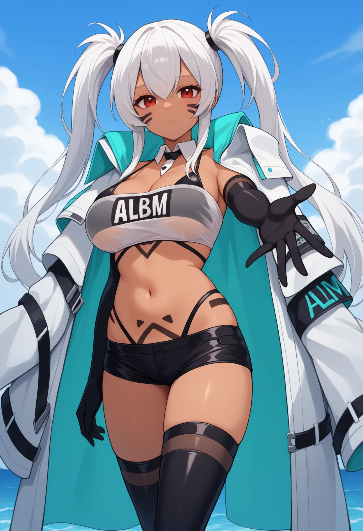 A woman with silver hair, faint blue eyes, wearing a black race queen uniform, big breasts, on a race track, race flag, ultra resolution, very detailed, masterpiece, perfect quality, 4k hd
