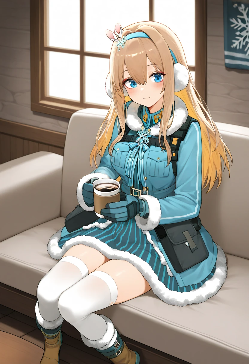 suomi, long hair, blue eyes, hairband, blonde hair, snowflake hair ornament, gloves, suomi (girls' frontline), fur trim, blue hairband, hair between eyes, jacket, white thighhighs, boots, long sleeves, smile, indoor, holding, coffe, cup, coffee cup, cabin, couch, sitting, window, highres, best quality, masterpiece, looking at viewer, light smile, one eye close