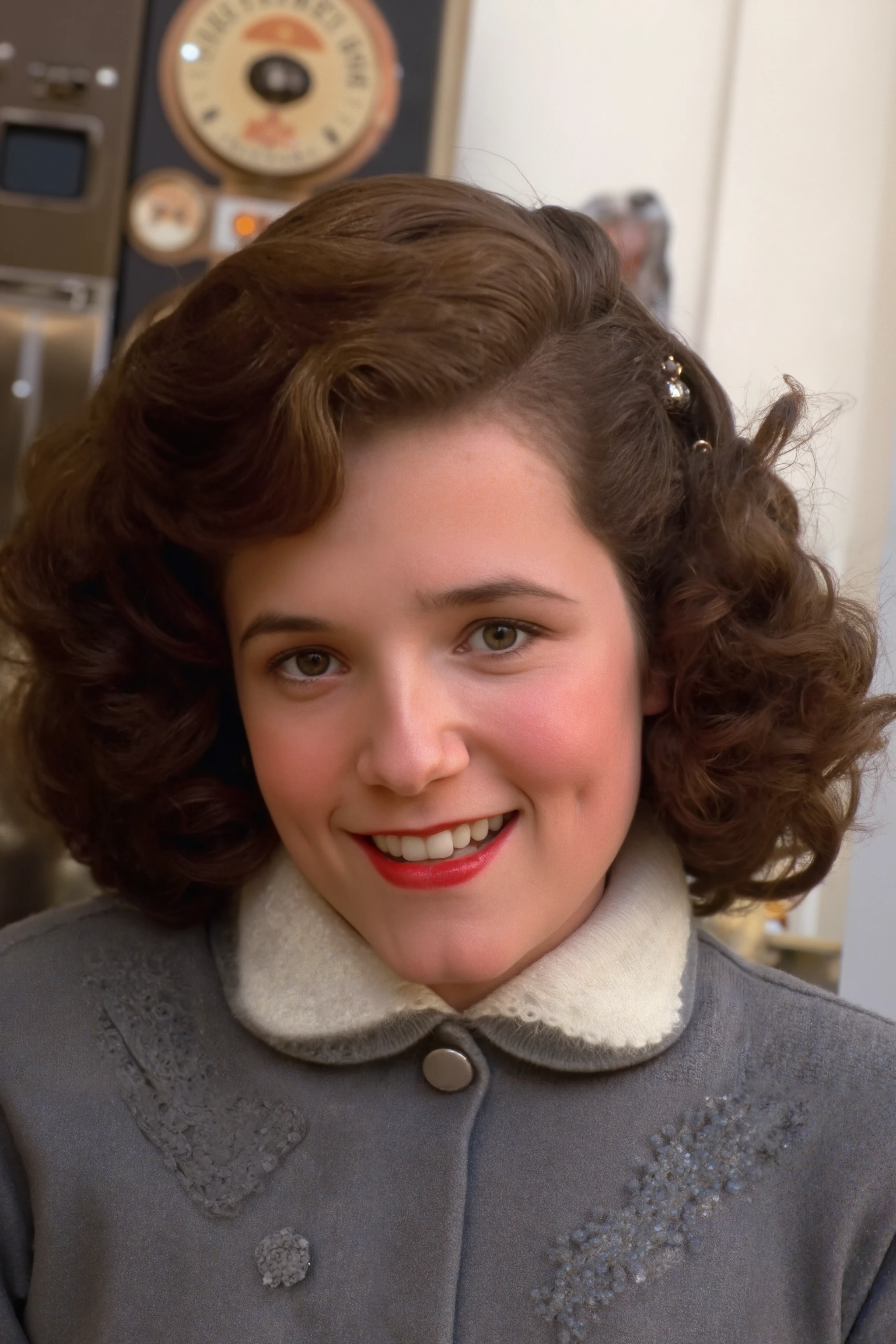 The image features a casual setting, with a girl with a fair complexion, curly brown hair, who is smiling warmly at the camera. She is dressed in a 1940s or 1950s style outfit, high-necked dress with intricate lace details on the front and a ornamental brooch.