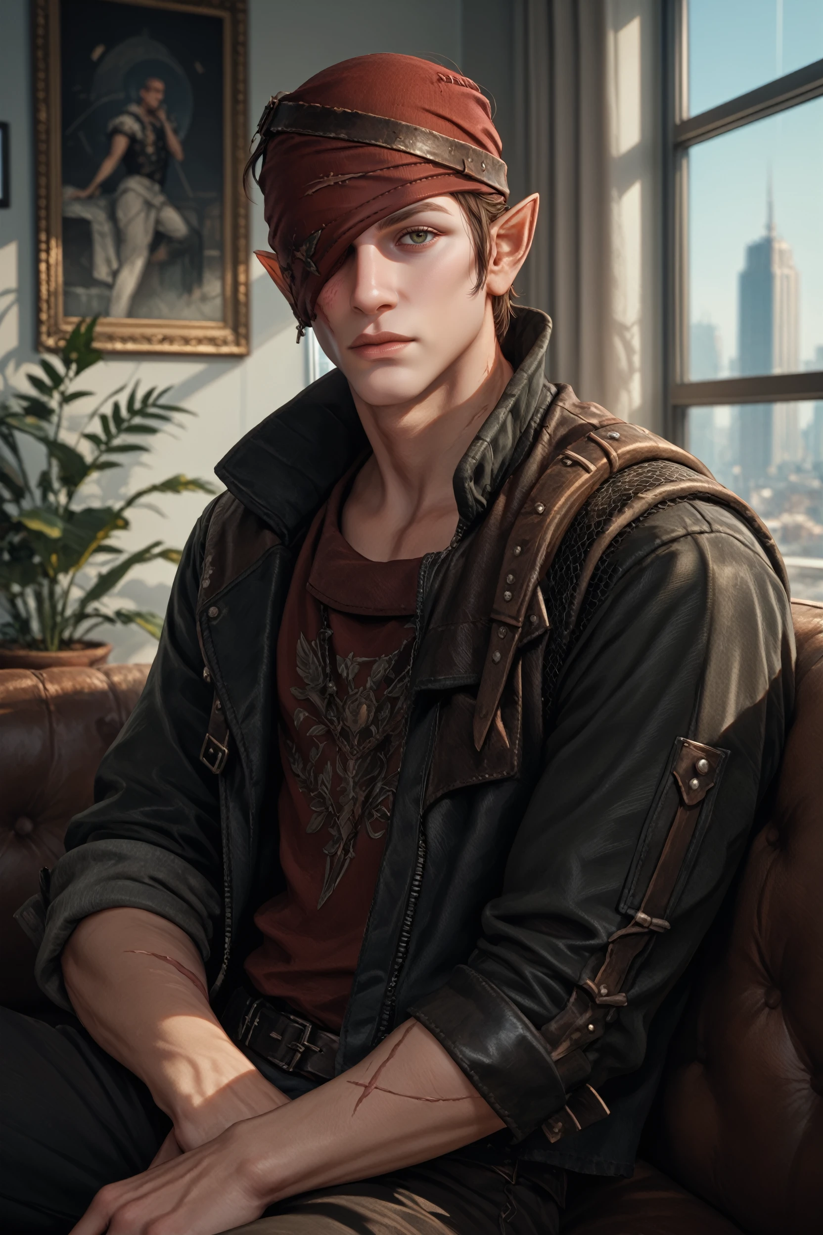 score_9, score_8_up, score_7_up,
<lora:W2Iorweth:0.8>
W2Iorweth, 1boy, pointy ears, scar, one eye covered, looking at viewer, an upscale loft with industrial aesthetics, sharp business attire, large windows with city views, sitting on a leather couch with a confident look