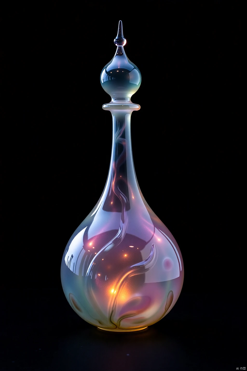 OBsgdys,
A solitary, hand-blown glass bottle, with a long, slender neck and a bulbous base, filled with a swirling, iridescent liquid that shimmers and glows against a stark black background. The bottle's surface is textured with delicate, organic patterns, reminiscent of flowing water, and the translucent glass allows the light to pass through, illuminating the vibrant colors of the liquid within.