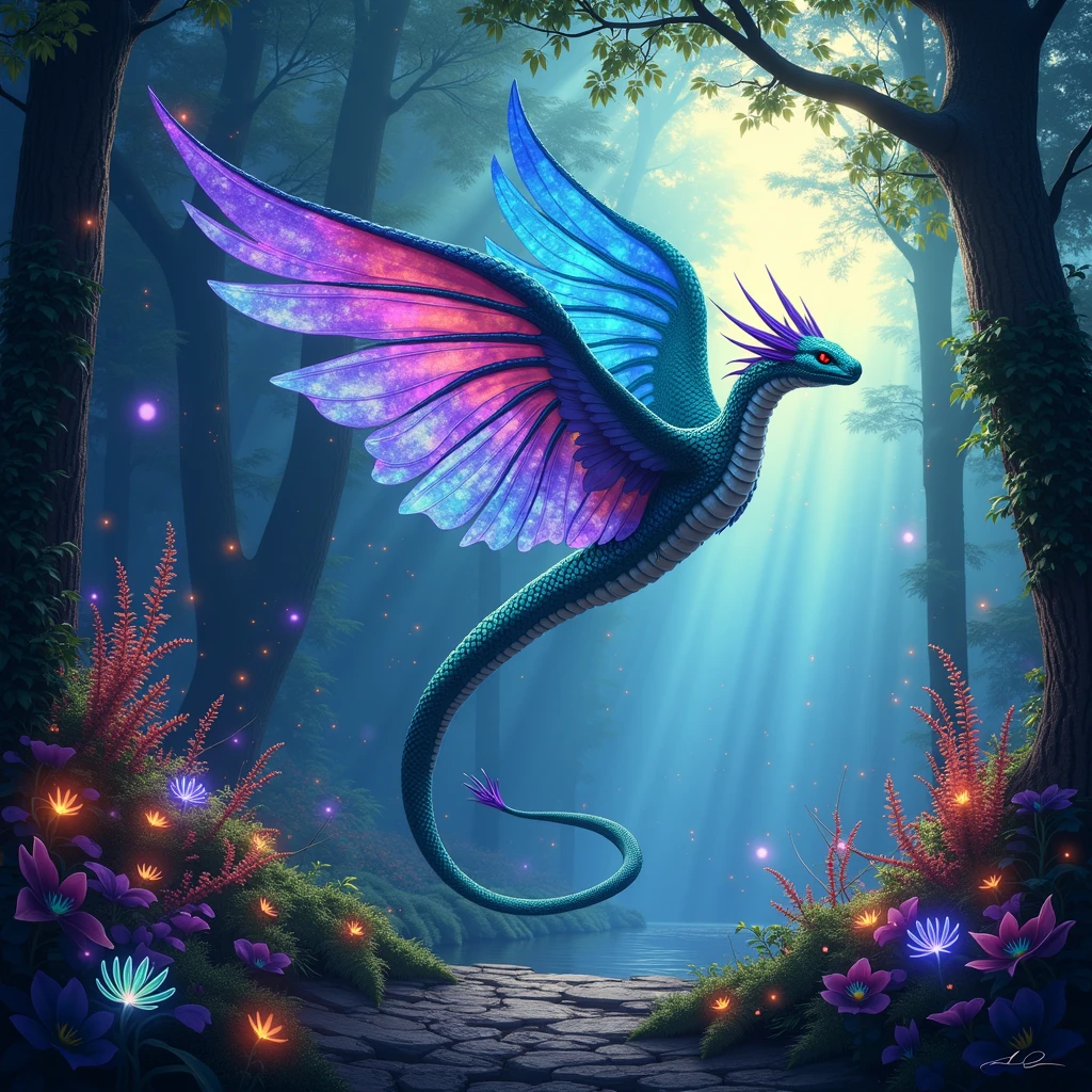 flying serpent painting, impressionist ambience , beautiful and surreal, with luxurious sharp focus, intense vibrant colors, dynamic shadows, dramatic lighting, soft shadows, in the early morning, blue hour,  cinematic flying serpent is erched gracefully on a delicate, interesting sky mystical open space. Its iridescent wings shimmer in various hues of emerald, sapphire, and amethyst, catching the soft, magical light filtering through the ancient trees. the creature scales gleam like precious gems, reflecting the vibrant colors of the surrounding flora. The background is filled with ethereal wisps of light, fireflies dancing in the air, and mysterious, glowing plants that add to the otherworldly atmosphere. The scene should evoke a sense of wonder and fantasy, with intricate details that draw the viewer into this magical realm." <lora:windserpents:1> fsp, fsx, fxs