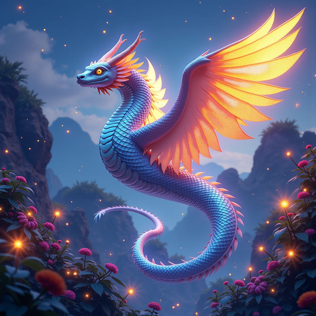 psychedelic style ethereal fantasy concept art of  a breathtaking masterpiece of a flying serpent in a stunning, impressionist ambience. The scene is beautiful and surreal, with luxurious sharp focus and intense, vibrant colors. Incorporate dynamic shadows and dramatic lighting, with soft shadows enhancing the depth of the scene. Set the mood in the early morning, during the blue hour, capturing the cinematic essence of the serpent as it perches gracefully in a mystical open sky. Its iridescent wings shimmer in glorious hues of golden and silvery majestic colors, catching the soft, magical light that illuminates this enchanting creature. The serpent's scales gleam like precious gems, and it has a majestic crest atop its head with small horns on the sides, reflecting the vibrant colors of the surrounding flora. Use volumetric lighting to create an ethereal atmosphere, with fireflies dancing in the air and mysterious, glowing plants adding to the otherworldly setting. The scene should be filled with magic and myth, with intricate details that draw the viewer into this fantastical realm."
 <lora:windserpents:1> fsp, fsx, fxs . magnificent, celestial, ethereal, painterly, epic, majestic, magical, fantasy art, cover art, dreamy . vibrant colors, swirling patterns, abstract forms, surreal, trippy