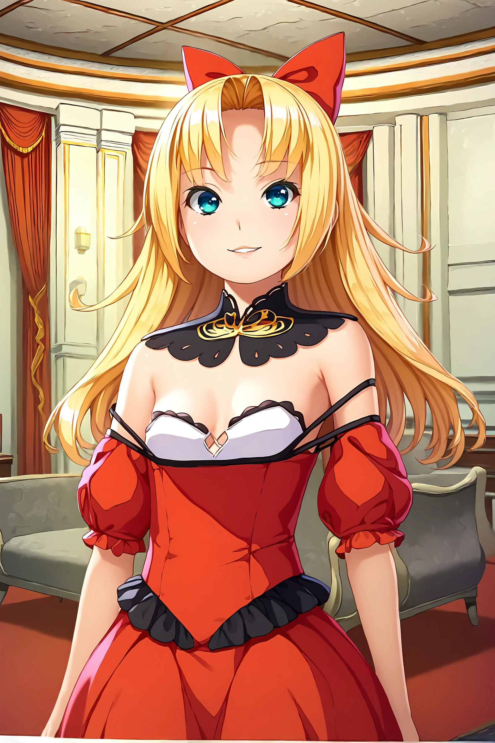 score_9, score_7_up,
BREAK
solo, 1girl, looking at viewer, smile, parted lips, 
BREAK
<lora:louiselotte-villainess-000008:1>, l0ui5elotte-y0ung, bare shoulders, cleavage, detached collar, dress, hair bow, off-shoulder dress, puffy short sleeves, red bow, red dress, red skirt, red sleeves, short sleeves, strap slip, 
, 
upper body,
BREAK
waving,
indoors, living room,